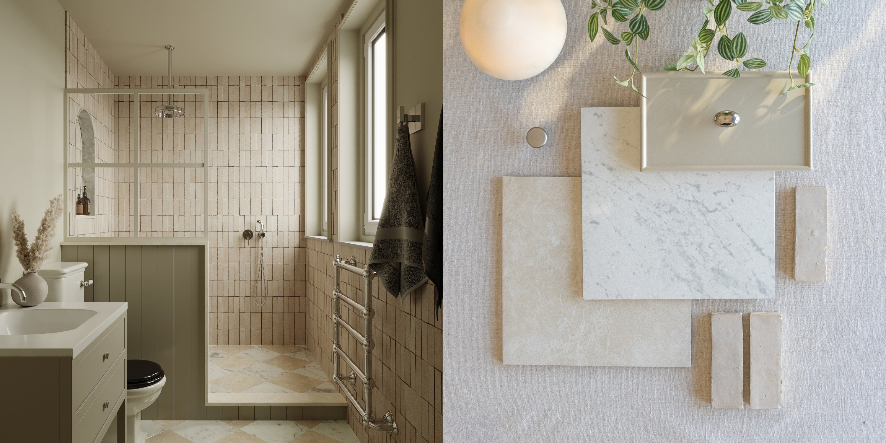 Cozy bathroom with light beige square tiles and a green vanity next to a flat lay of marble and ceramic tile samples with greenery.
