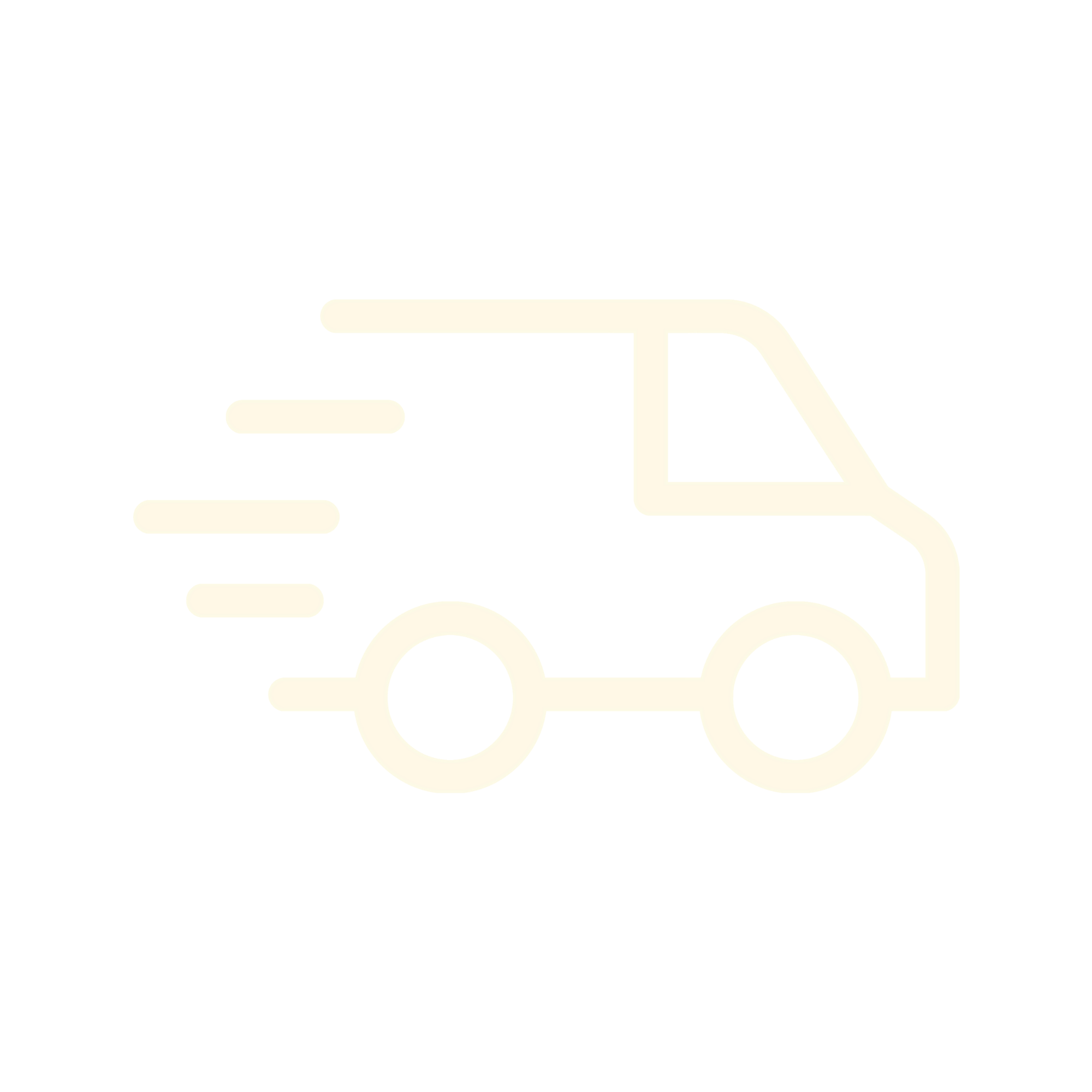 Simple cream-colored delivery van icon with motion lines indicating fast shipping on a transparent background