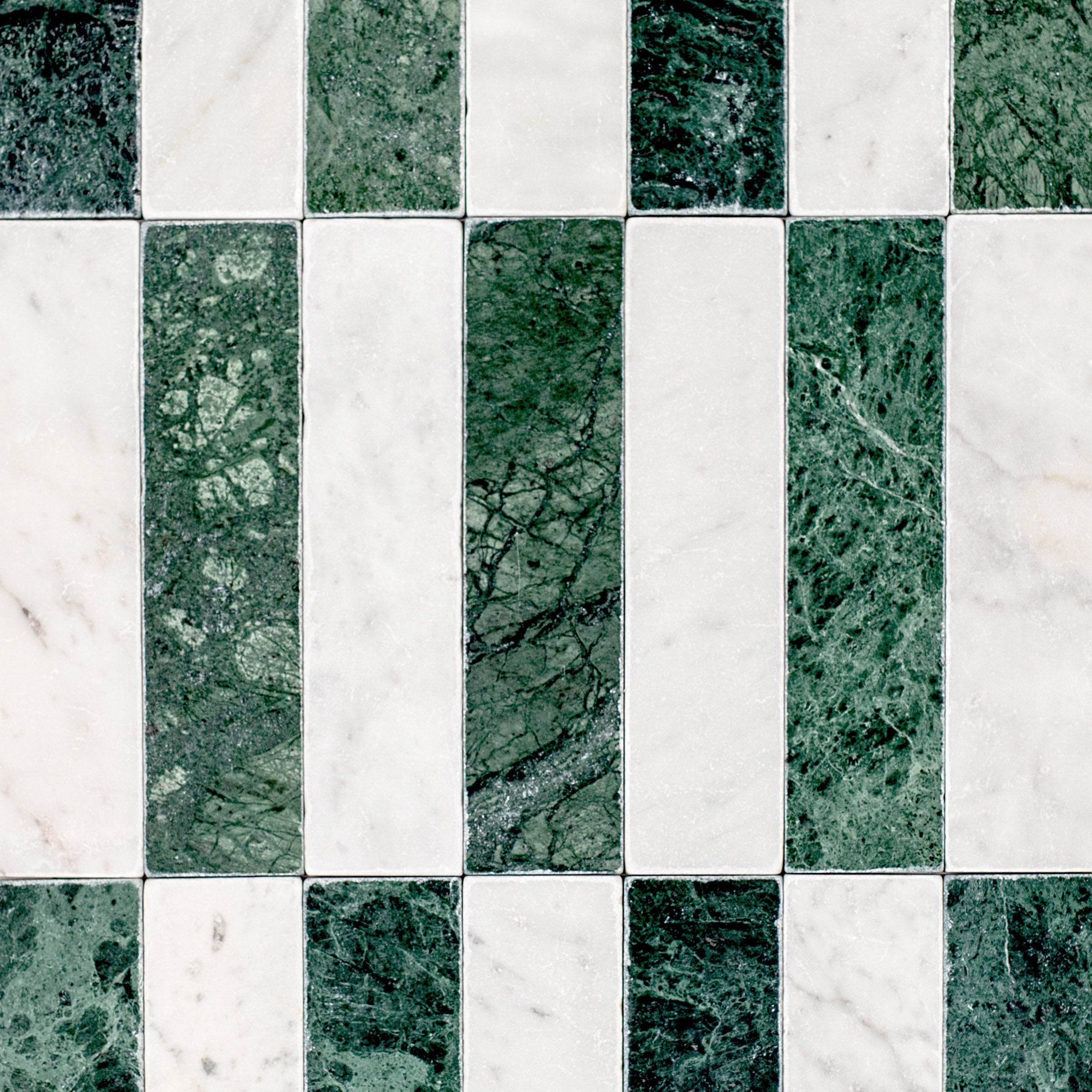 Carrara Verde Guatemala Tumbled Stone Checker Stripe green and white marble tiles from Tumbled Natural Stone Tiles collection