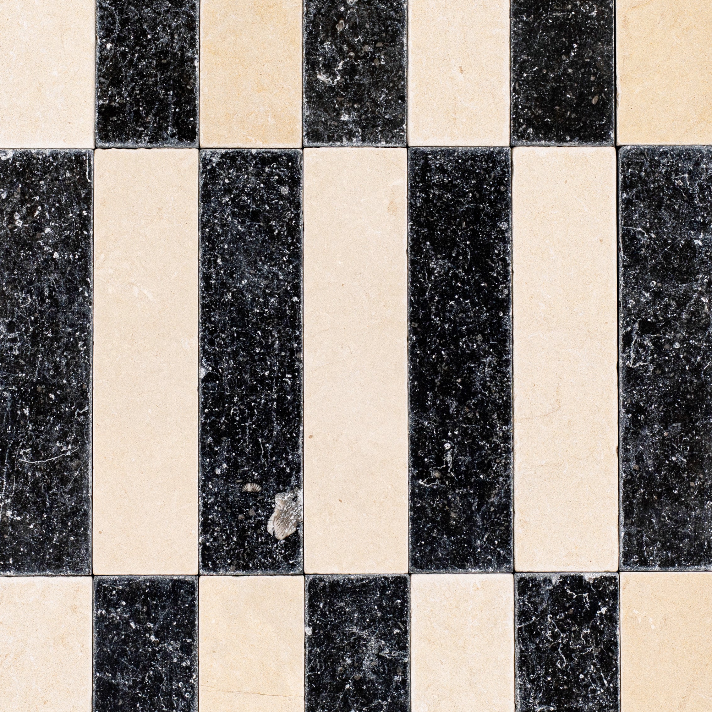 Belgian Blue Desert Tea Tumbled Stone Checker Stripe marble tile in black and beige from Tumbled Natural Stone Tiles collection