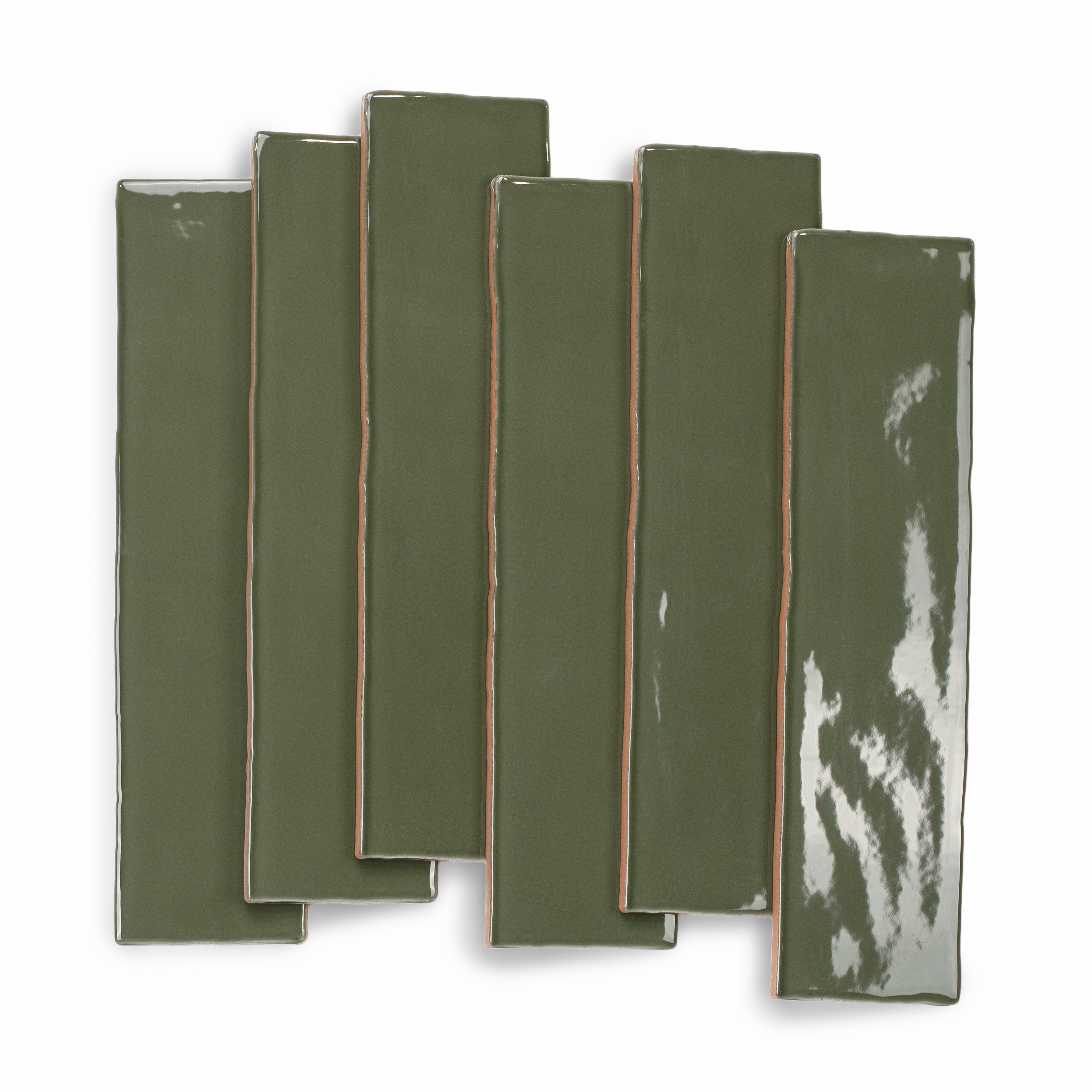 Olive 3x12 Glossy Ceramic Tile with rich deep green gloss and subtly irregular edges from Seville Small Format Tiles collection