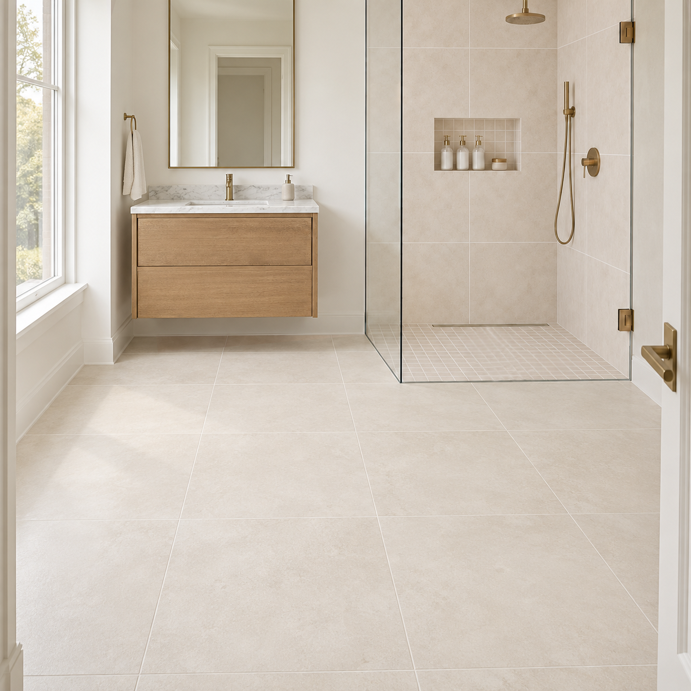 Modern bathroom with large format beige tiles, floating wood vanity, and glass walk in shower