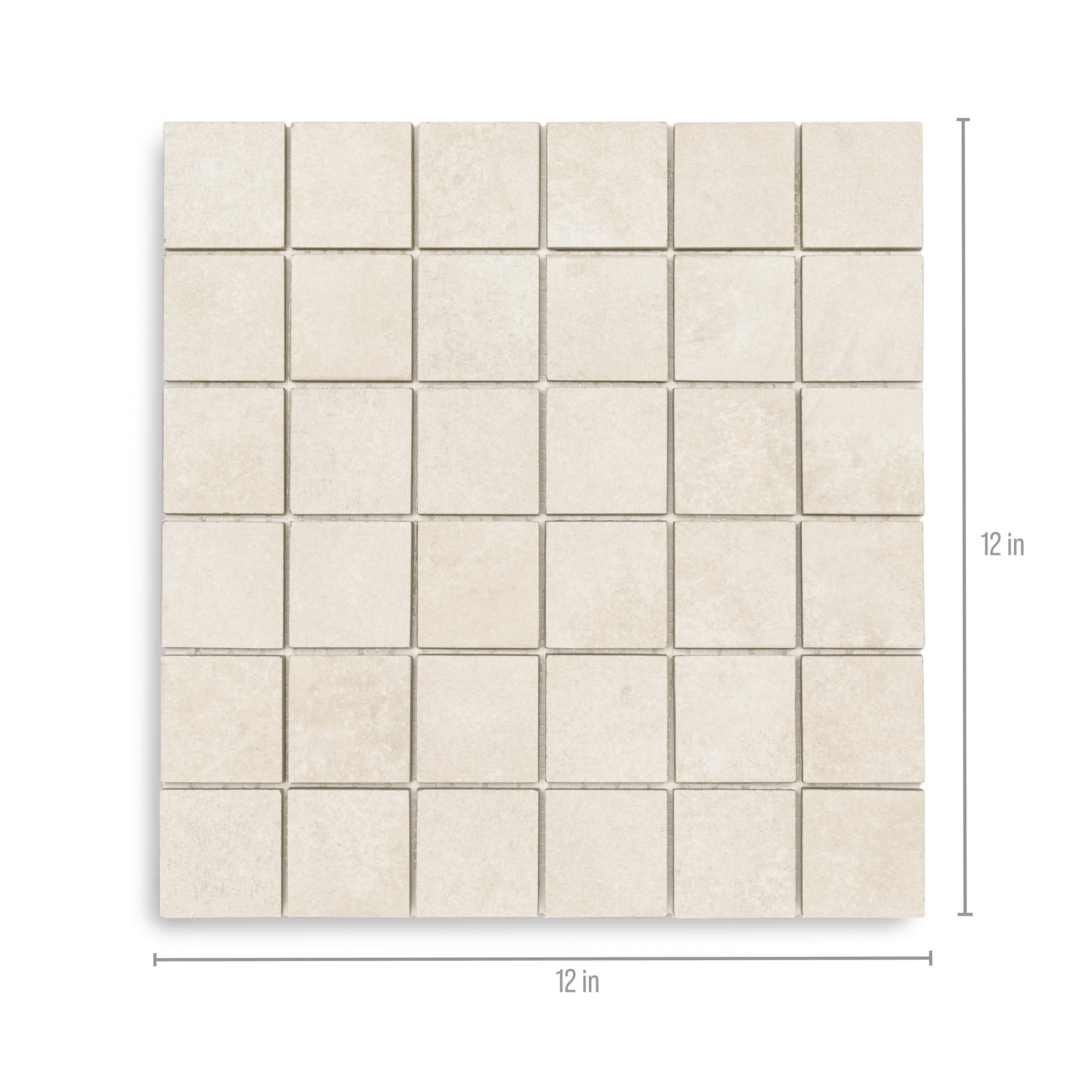 Grid of small square beige ceramic tiles with subtle texture arranged in a 12 by 12 inch mosaic panel
