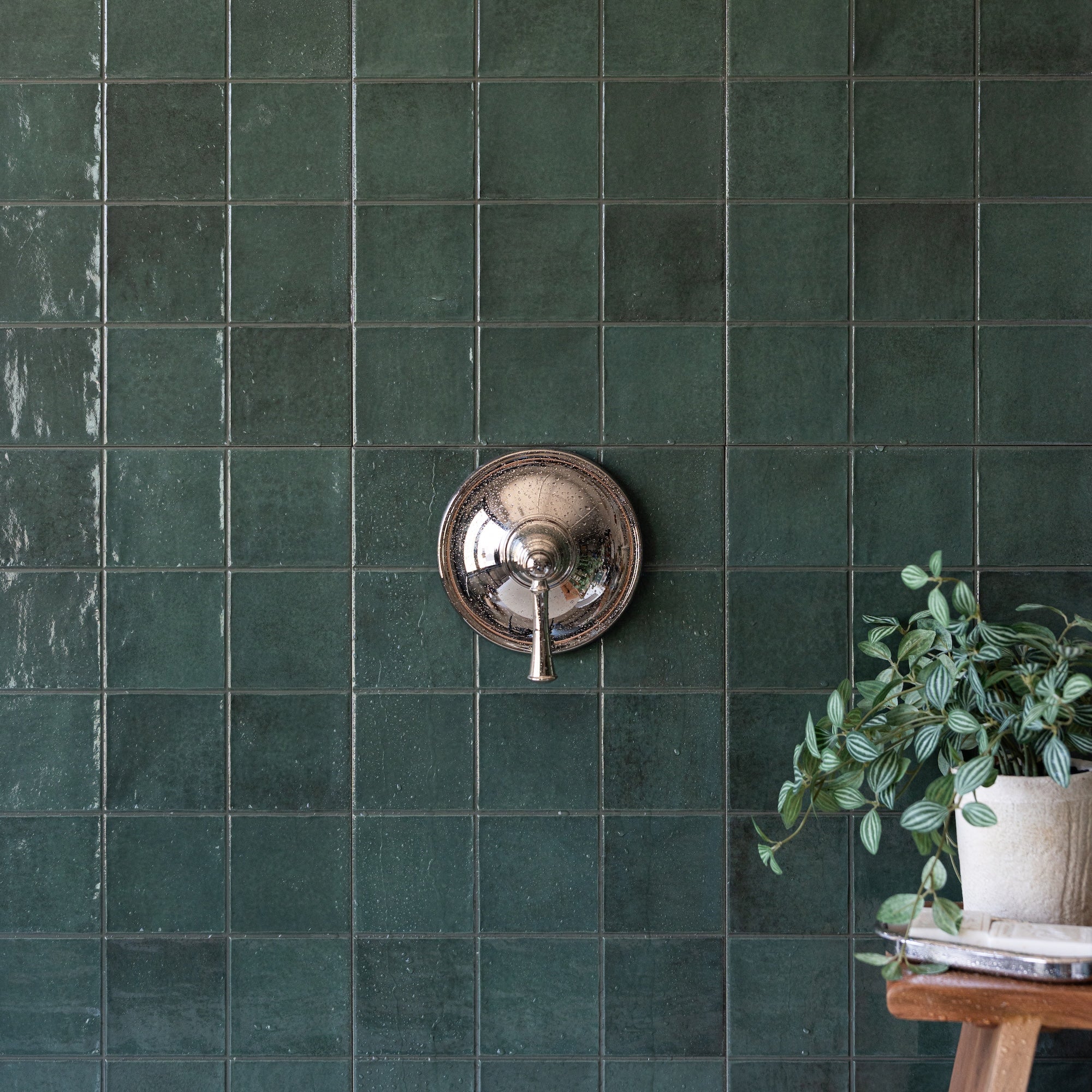 Green ceramic tiles wall with a metal faucet handle and a potted plant on a wooden stool nearby