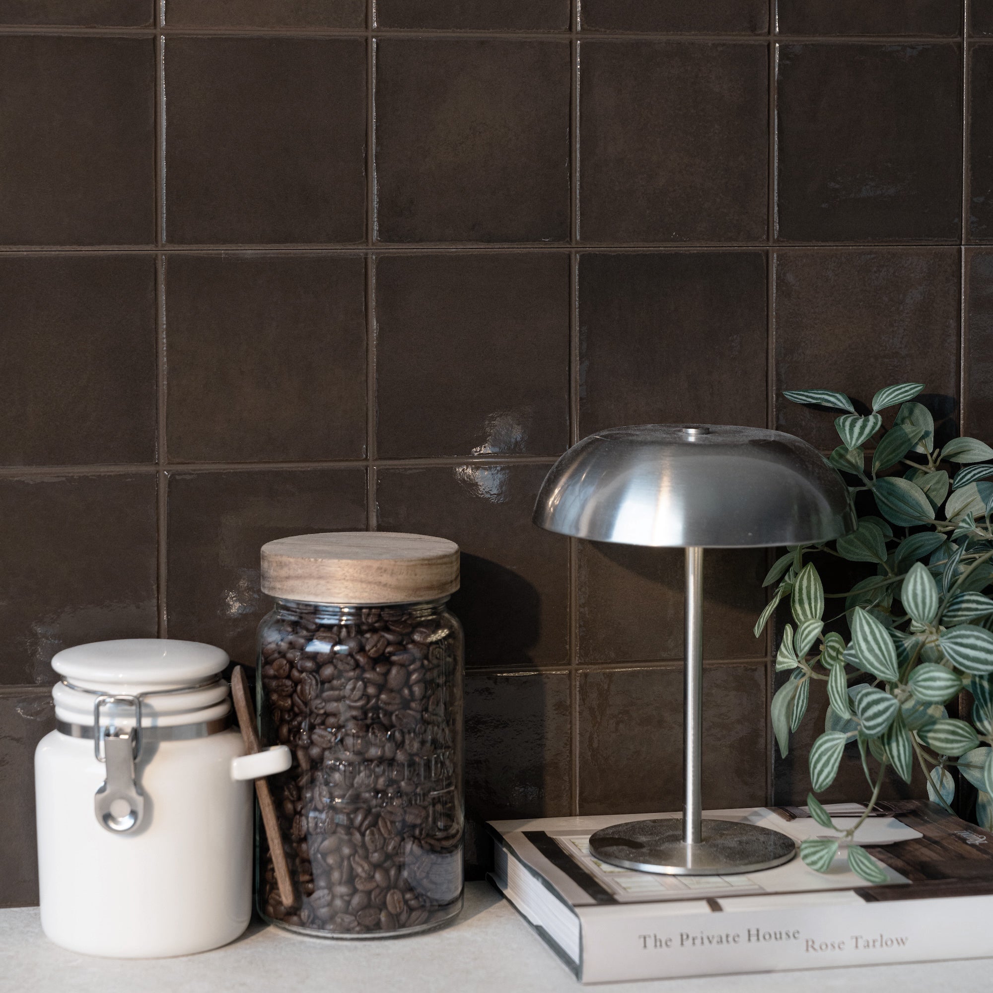 Kitchen counter with dark brown tiles, glass jar of coffee beans, white container, modern lamp, and green plant on books