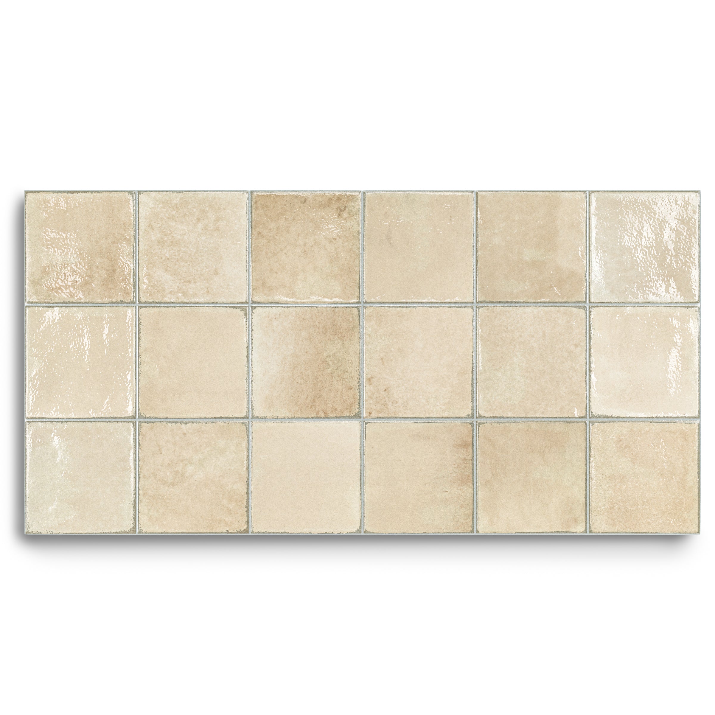 Beige ceramic tiles arranged in a 4x5 grid with a glossy and matte finish, showing subtle color variations.