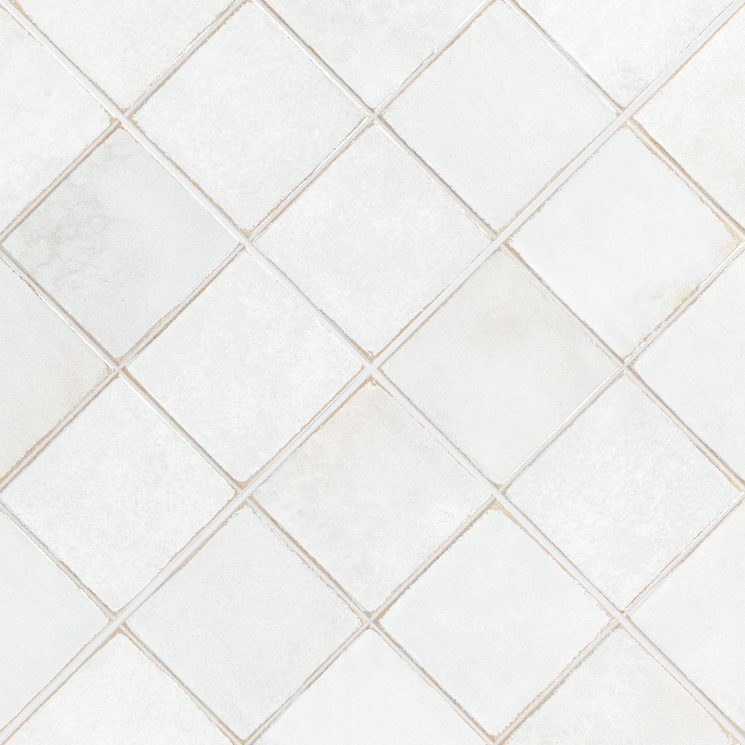 White ceramic tile pattern with a matte finish and visible grout lines in a diamond layout