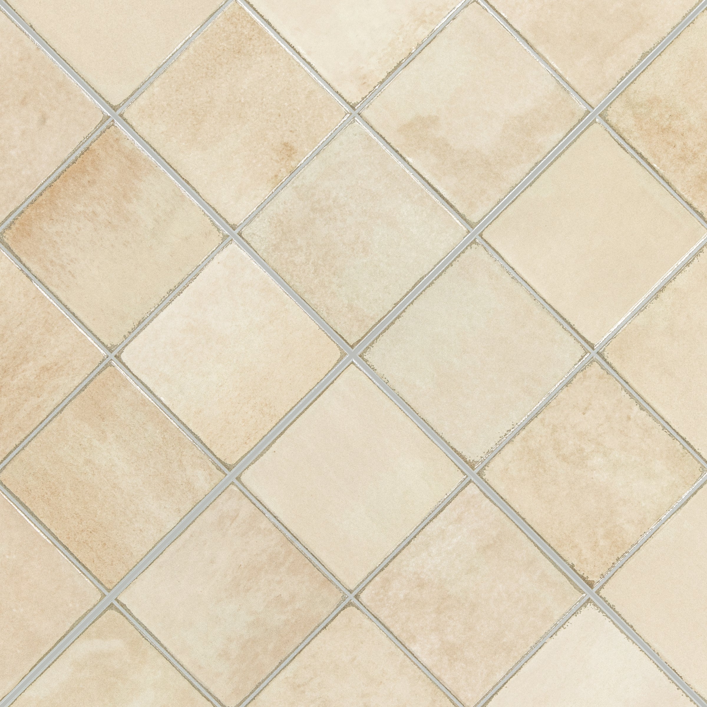 Beige and cream ceramic tiles arranged diagonally with grout lines in between.