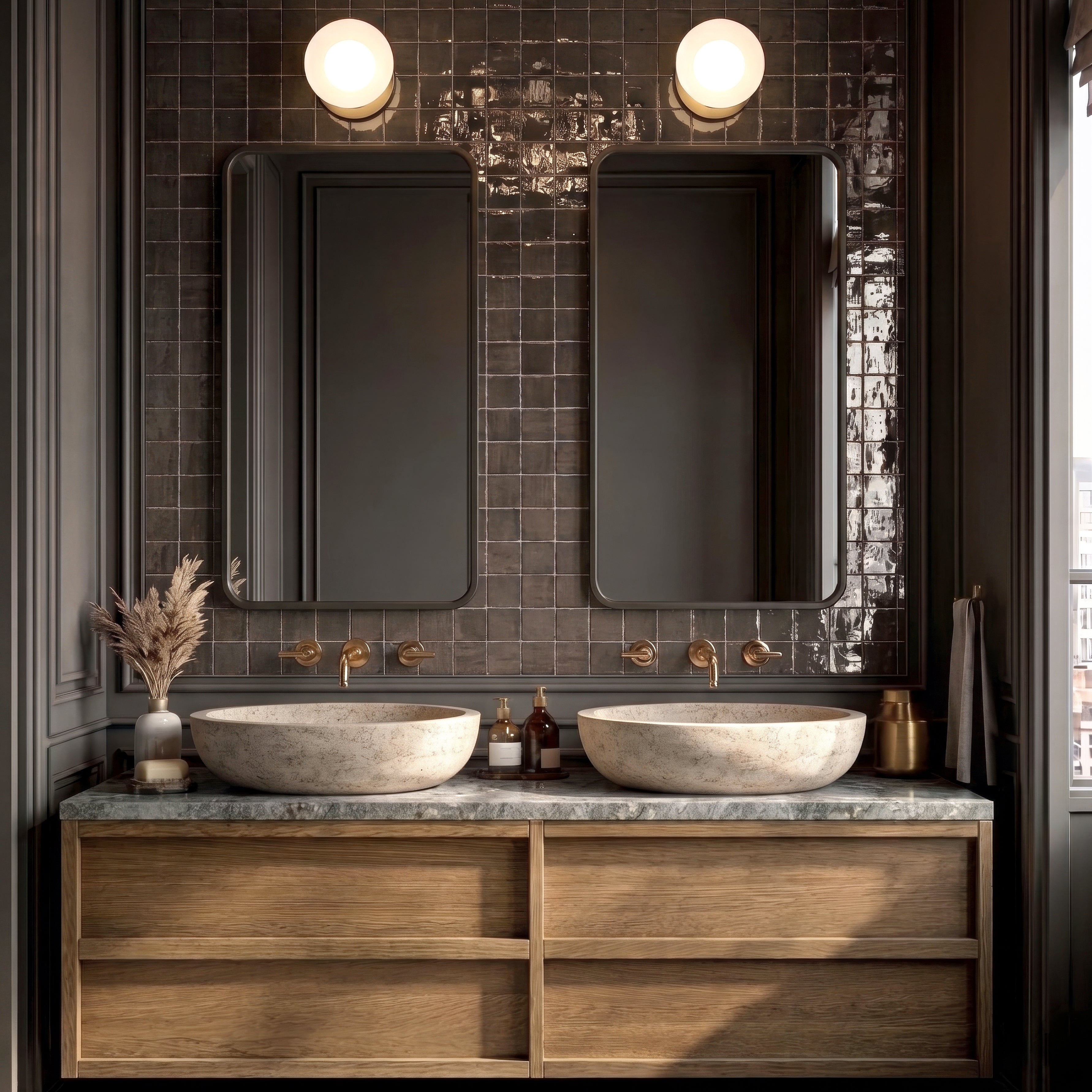 Double stone vessel sinks on marble countertop with wooden vanity and dark tiled wall under round lights