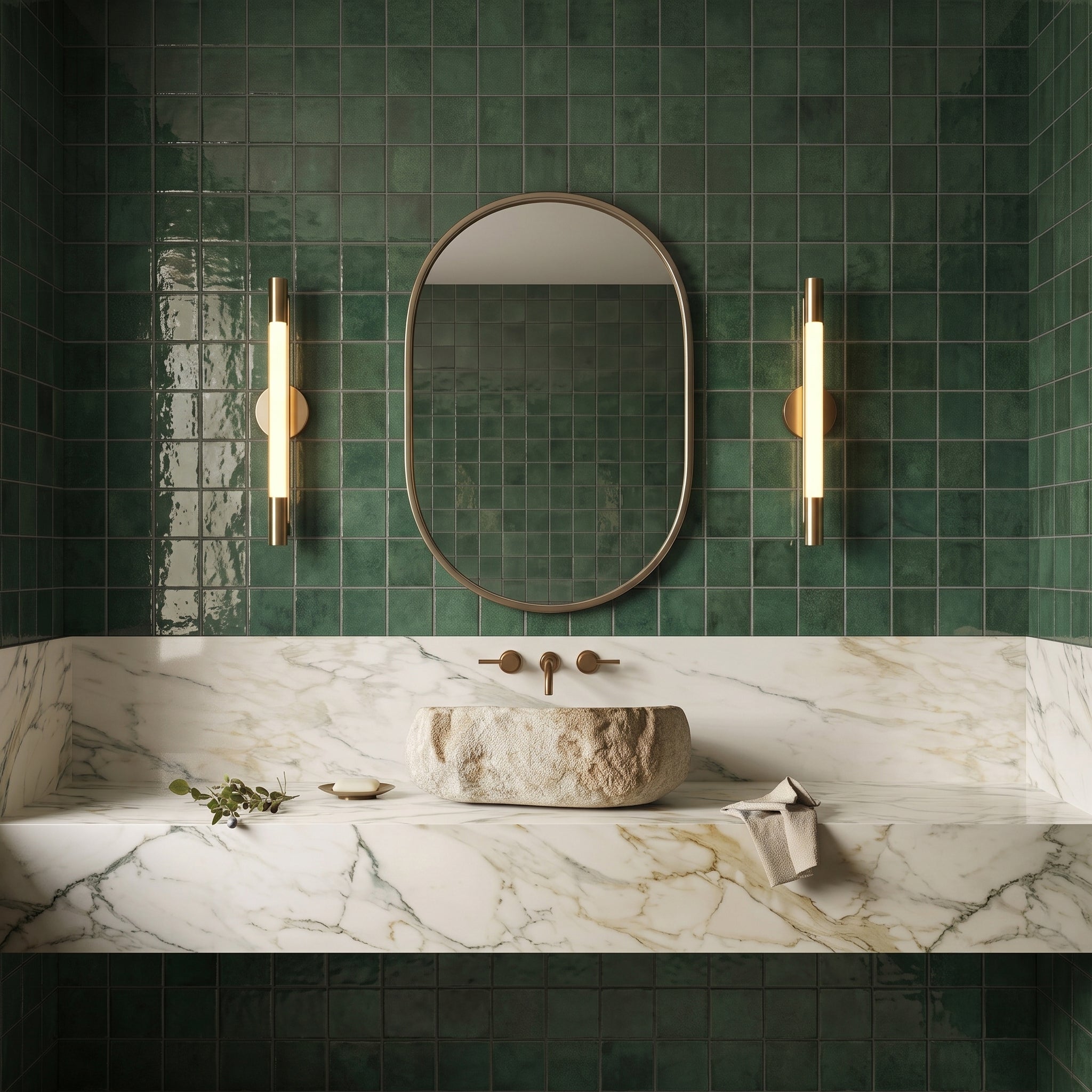 Bathroom with green ceramic tile wall, oval mirror, modern sconces, and marble countertop with stone vessel sink