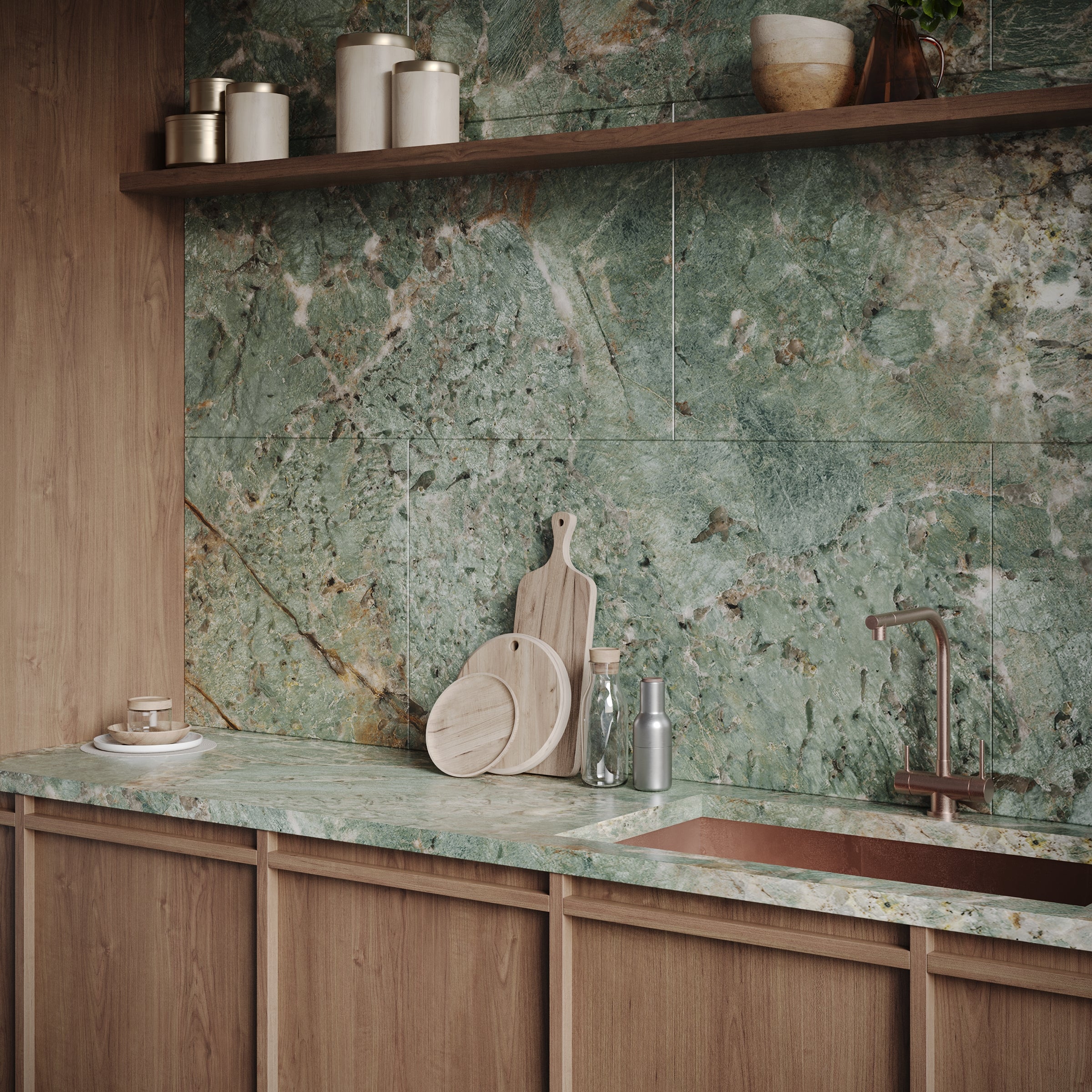 Amazzonite Matte Marble Look Porcelain Tile in rich teal green, brown, and gray tones from Large Format Tiles collection at Reno Source