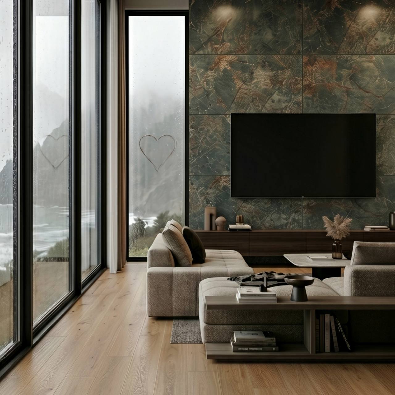 Modern living room featuring Amazzonite Matte Marble Look Porcelain Tile wall and large format flooring by Reno Source.