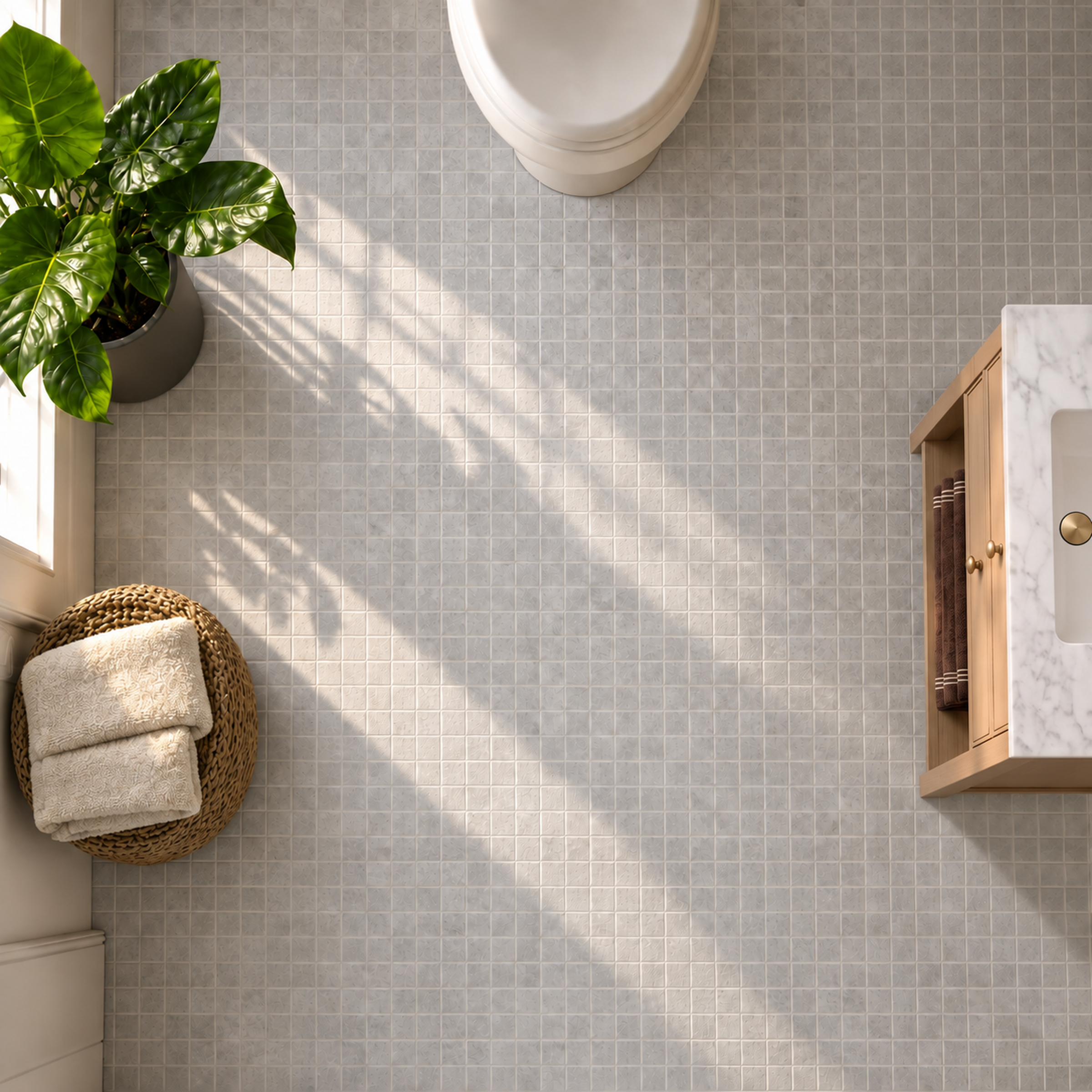 Small format gray tile bathroom with toilet, plant, woven basket of towels, and wood vanity