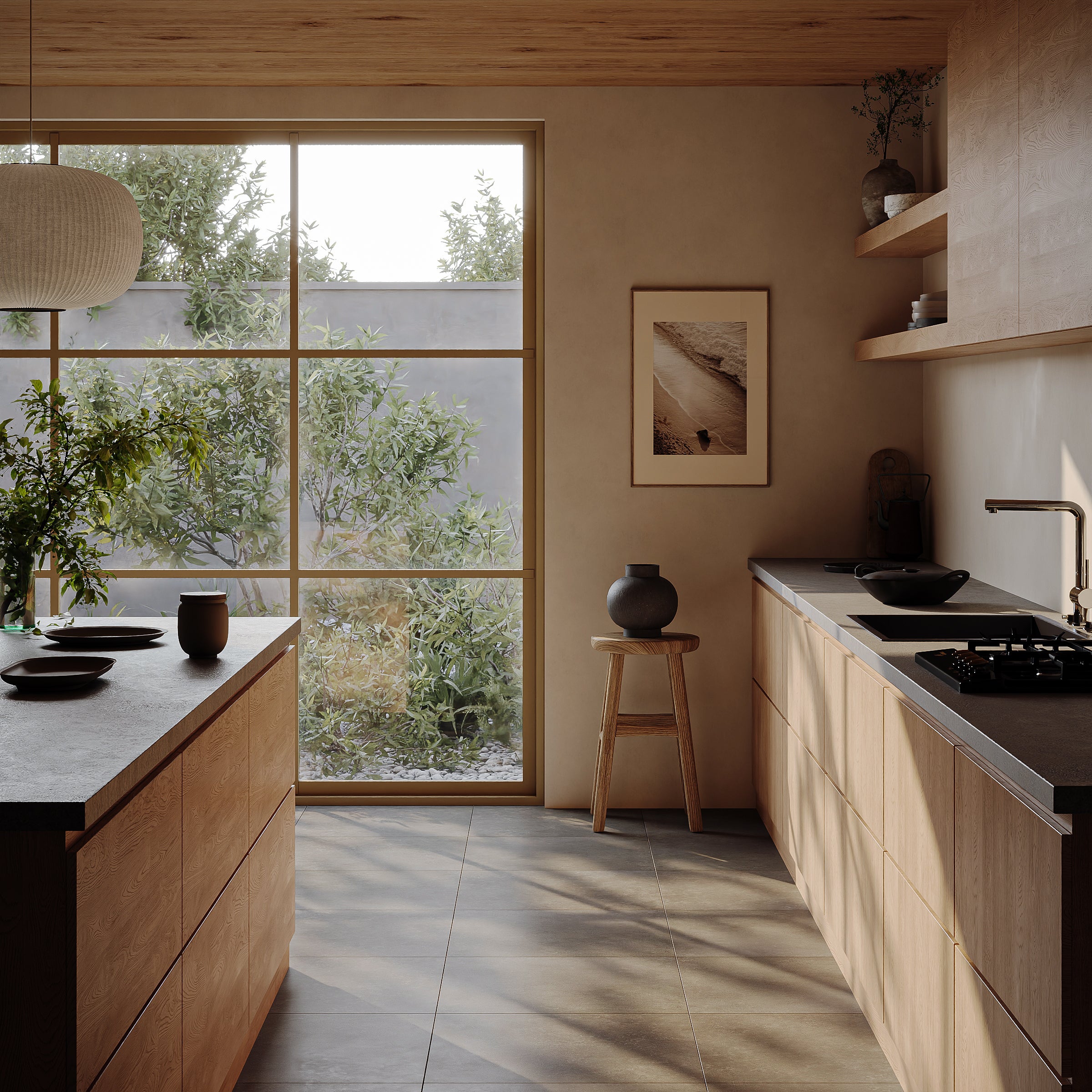 Warm modern kitchen with wood cabinetry stone island black countertops and large windows