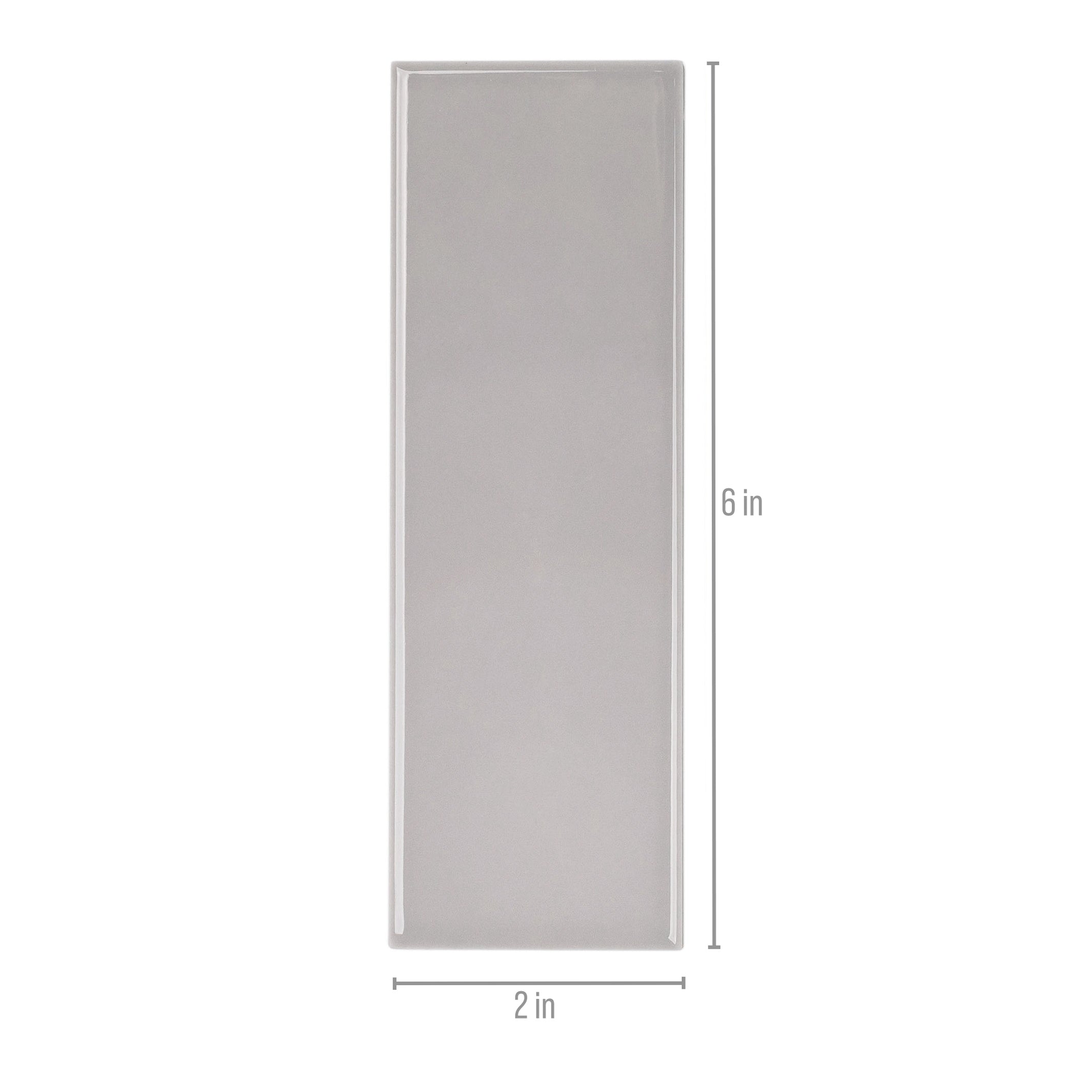 Smooth porcelain tile in soft ash gray with a subtle glossy surface and clean, precise edges shown with measurements
