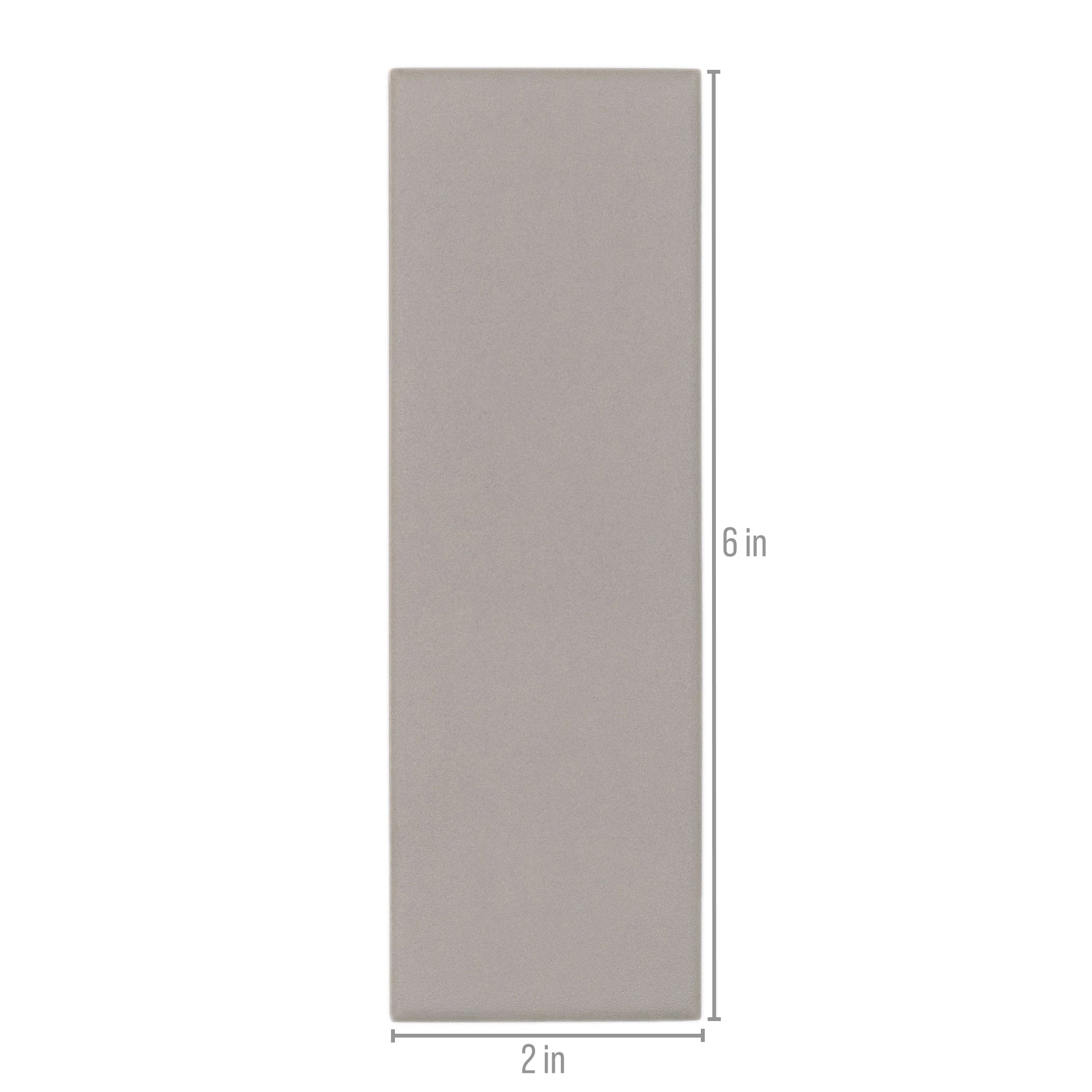 Rectangular porcelain tile in muted ash tone with a smooth matte finish and clean, straight edges shown with size markers