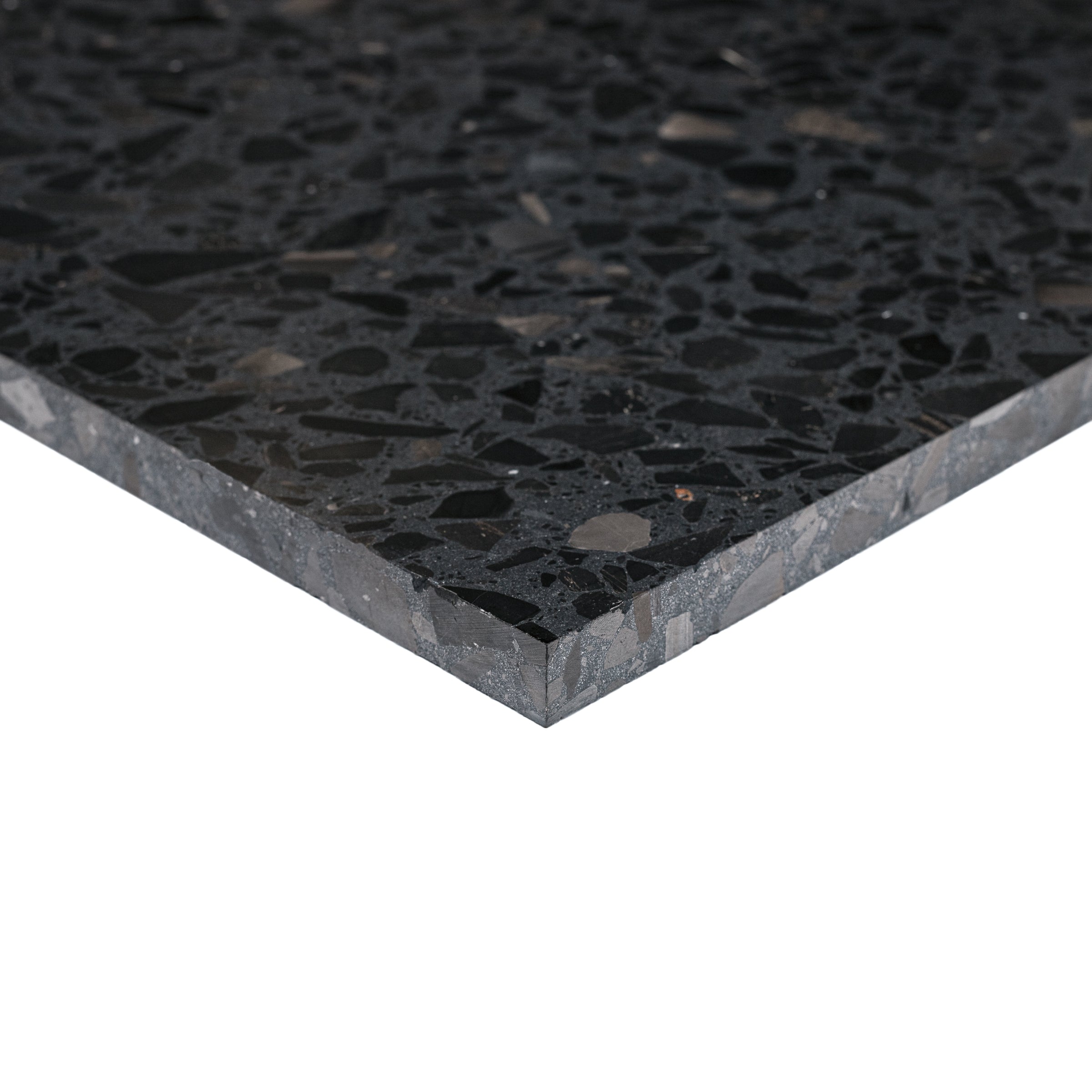 Burano Honed Terrazzo Tile Sample showcasing dark, polished terrazzo surface from SAMPLES ONLY collection.