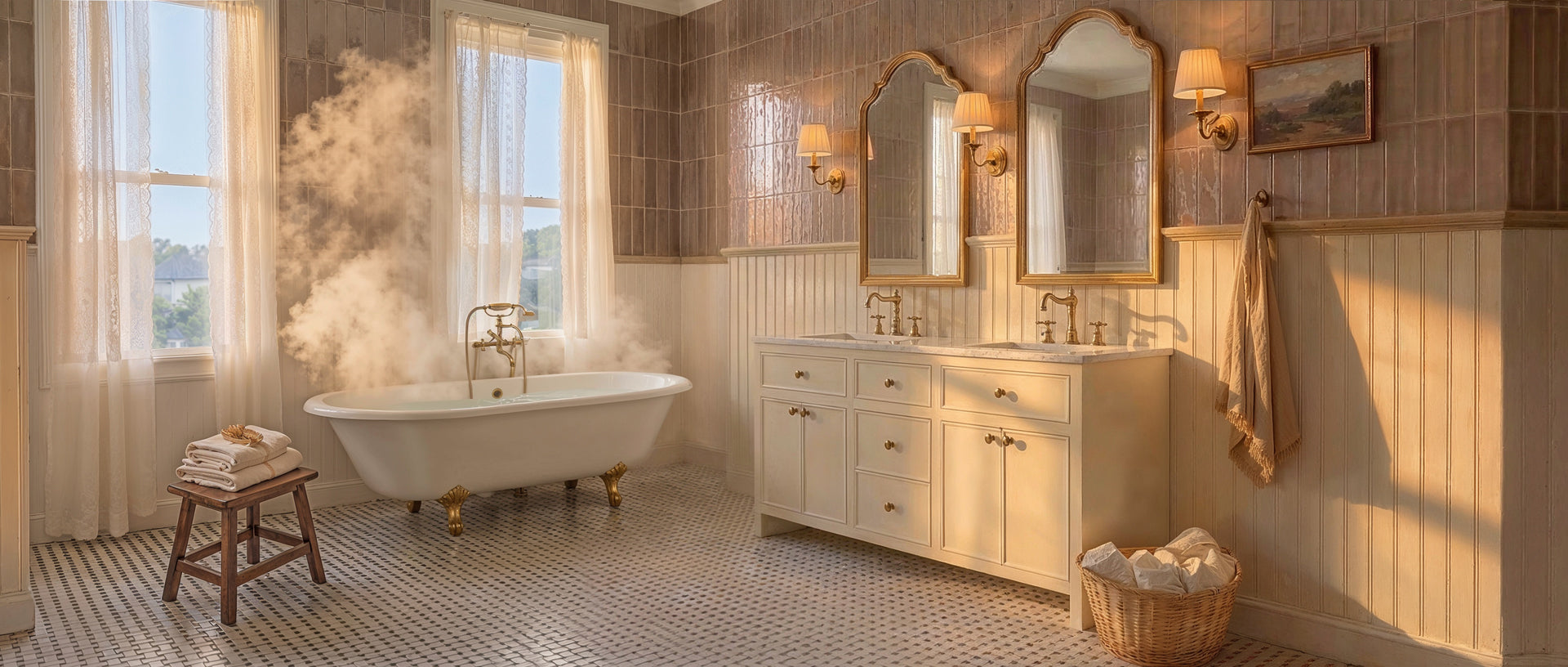 Sunlit vintage bathroom with clawfoot tub, patterned mosaic floor tiles, double vanity, and wall sconces by tall windows