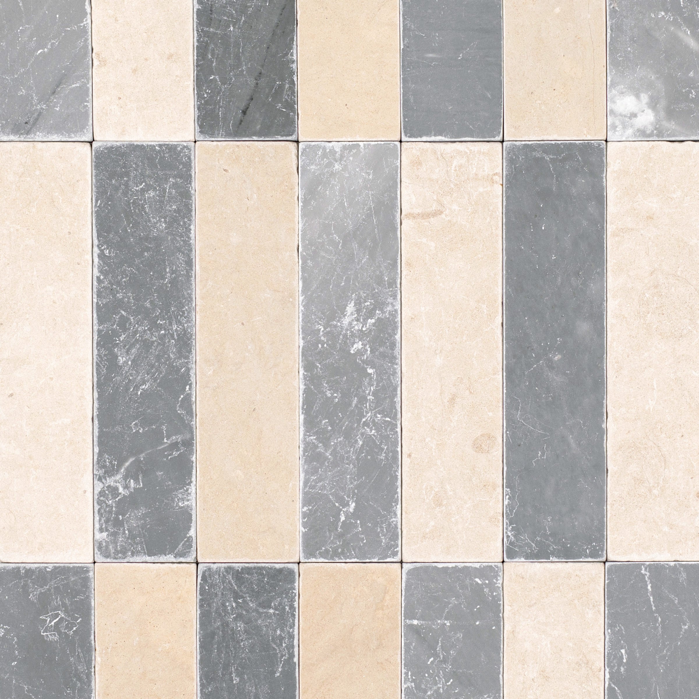 Bardiglio Desert Tea Tumbled Stone Checker Stripe marble tile in beige and gray from Tumbled Natural Stone Tiles collection