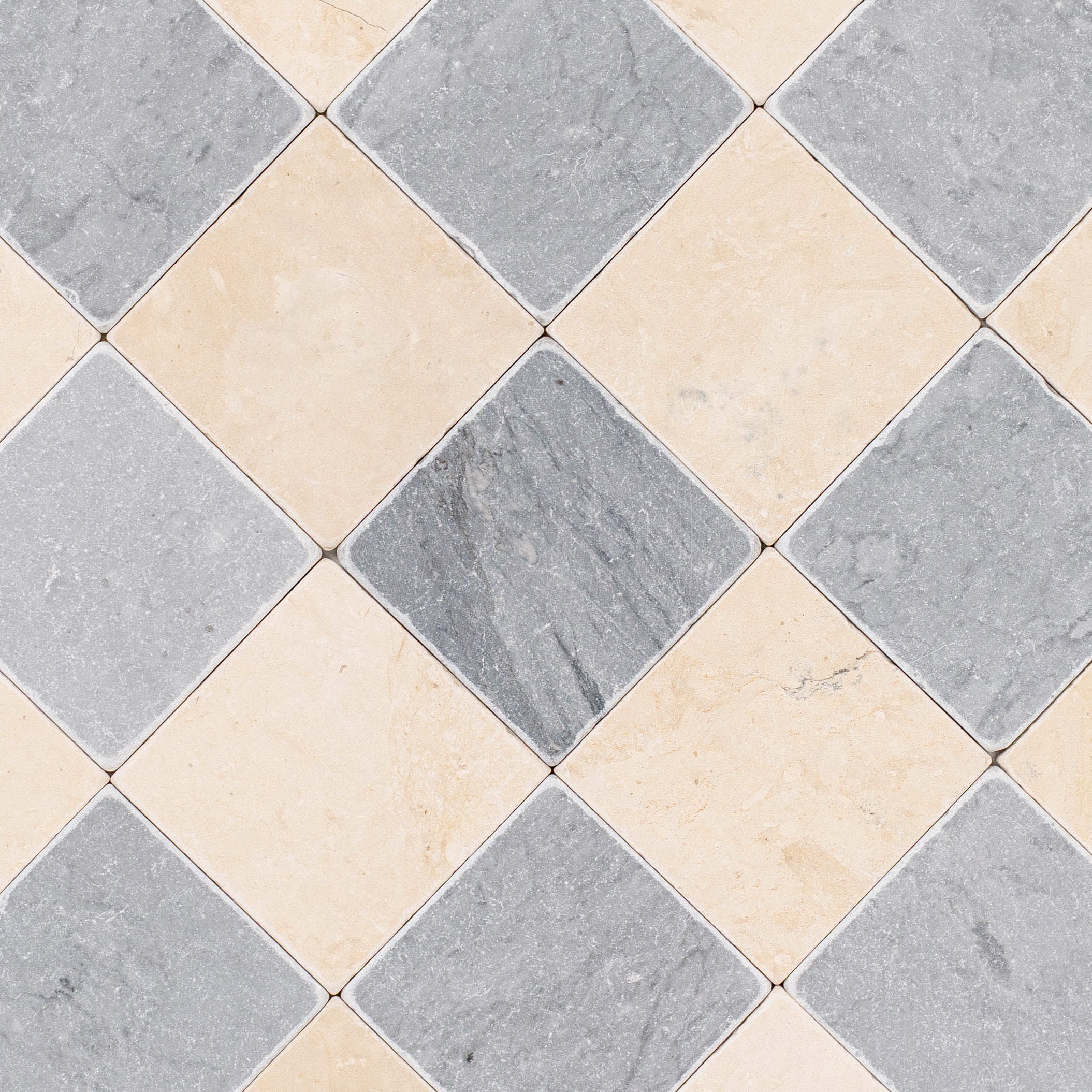 Bardiglio Desert Tea Tumbled Stone Checkerboard beige and gray marble tiles from Tumbled Natural Stone Tiles collection at Reno Source