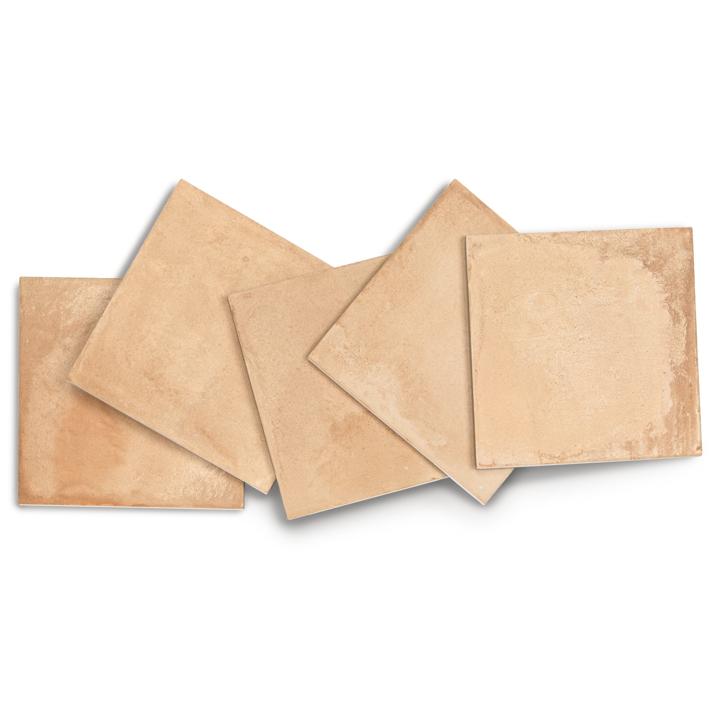 Five square terracotta-style porcelain tiles in soft natural hues with a lightly textured matte finish on white background