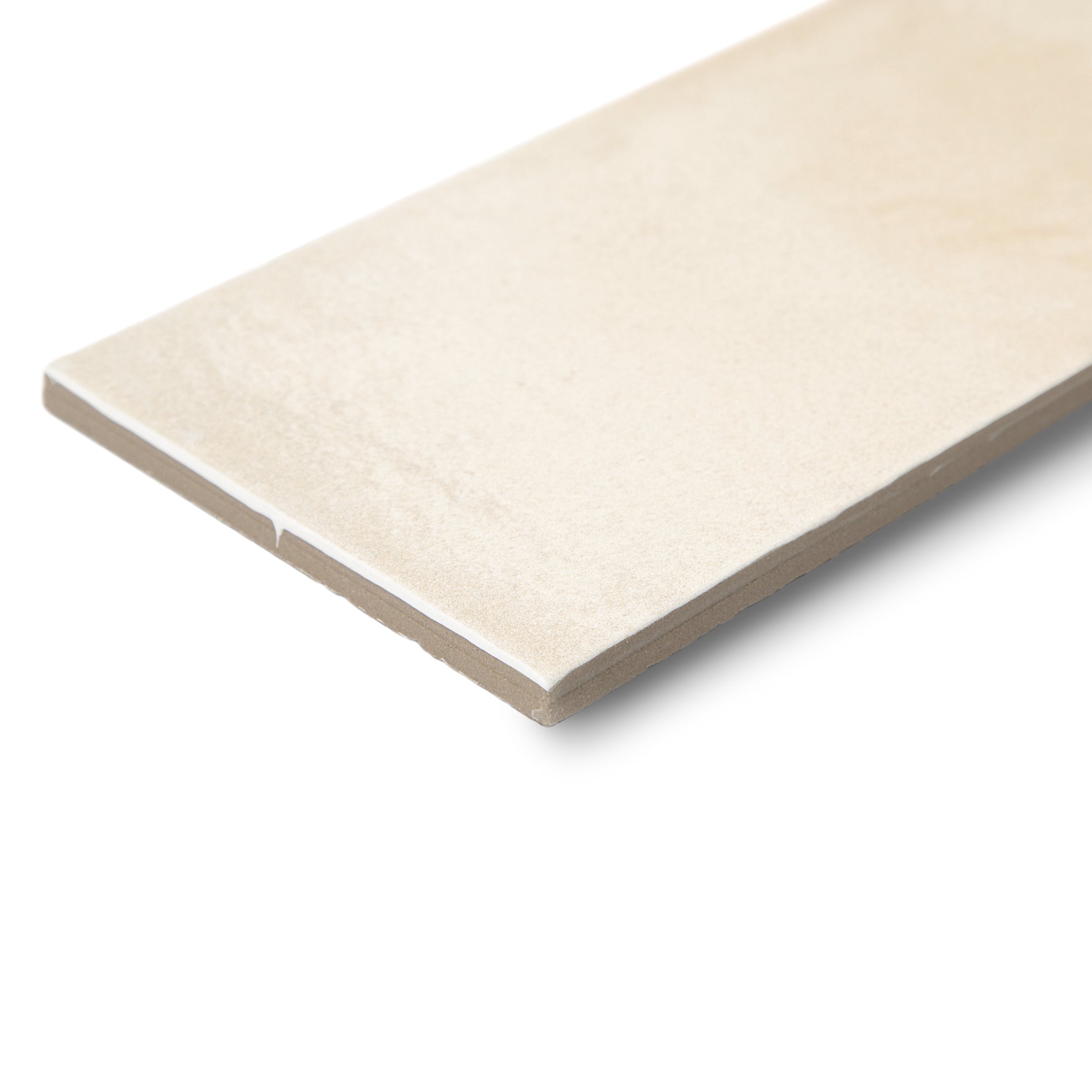Beige ceramic tile with smooth surface and slightly beveled edges isolated on white background