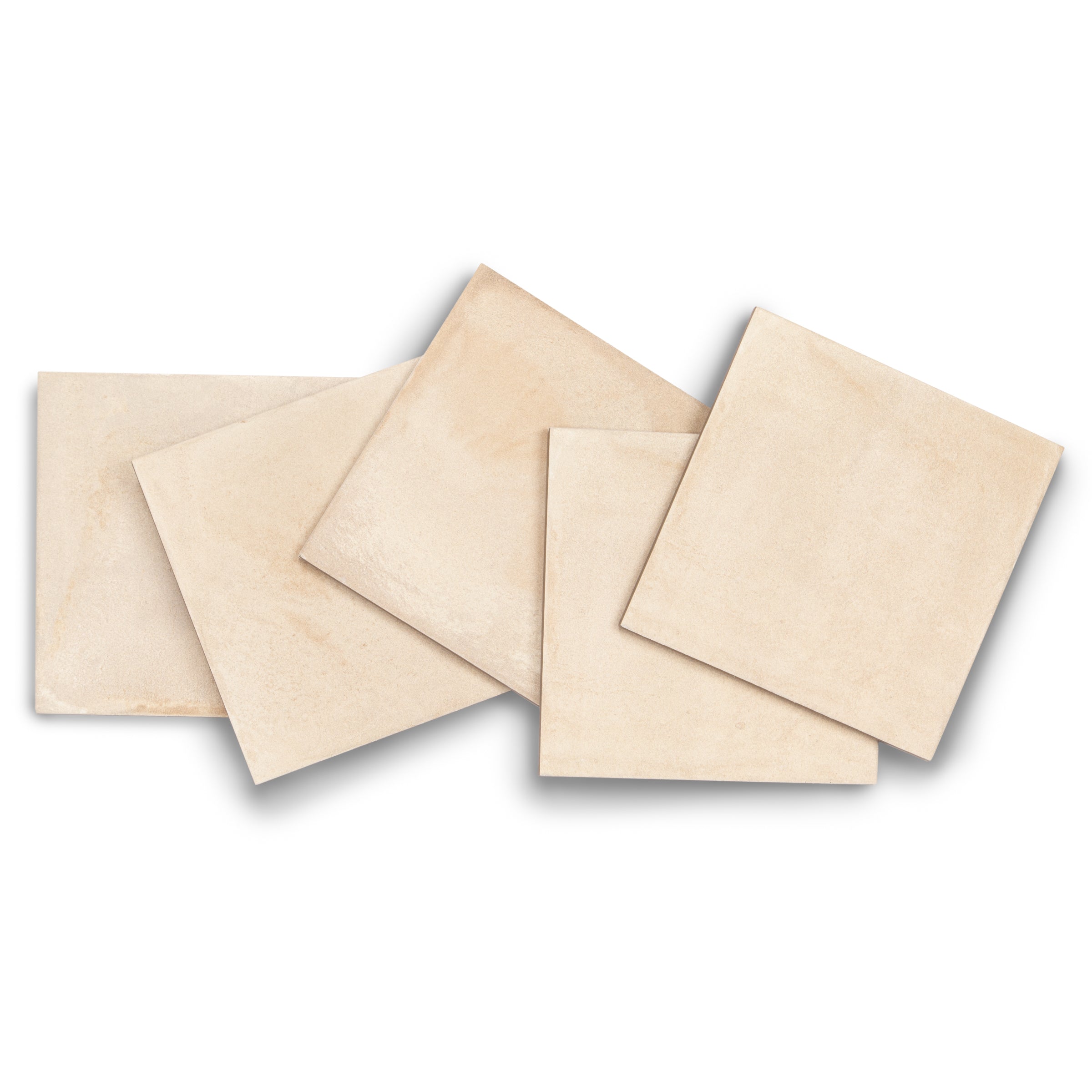 Five square porcelain tiles in soft natural beige with a matte texture and subtle tone variation on white background