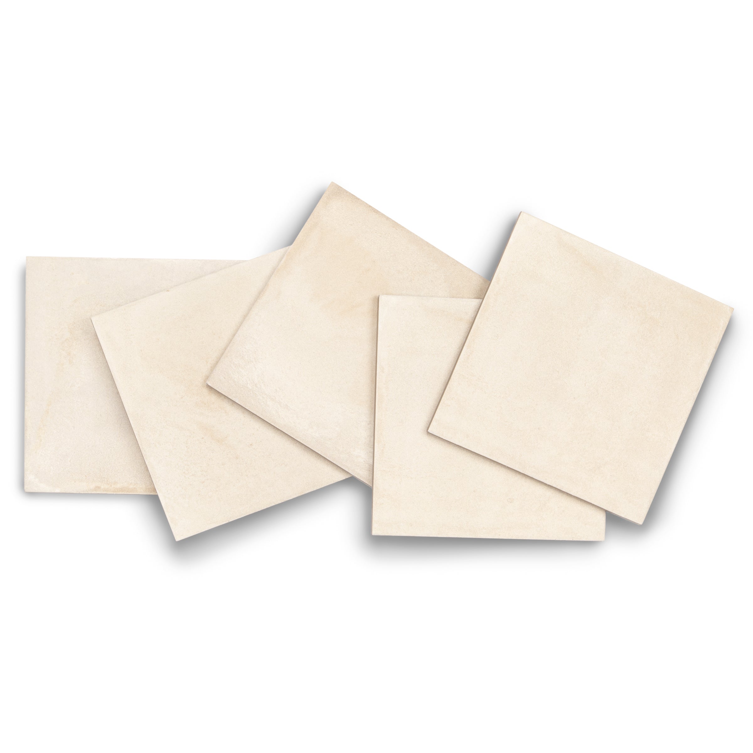 Five beige ceramic tiles arranged overlapping on a white background with soft shadows.