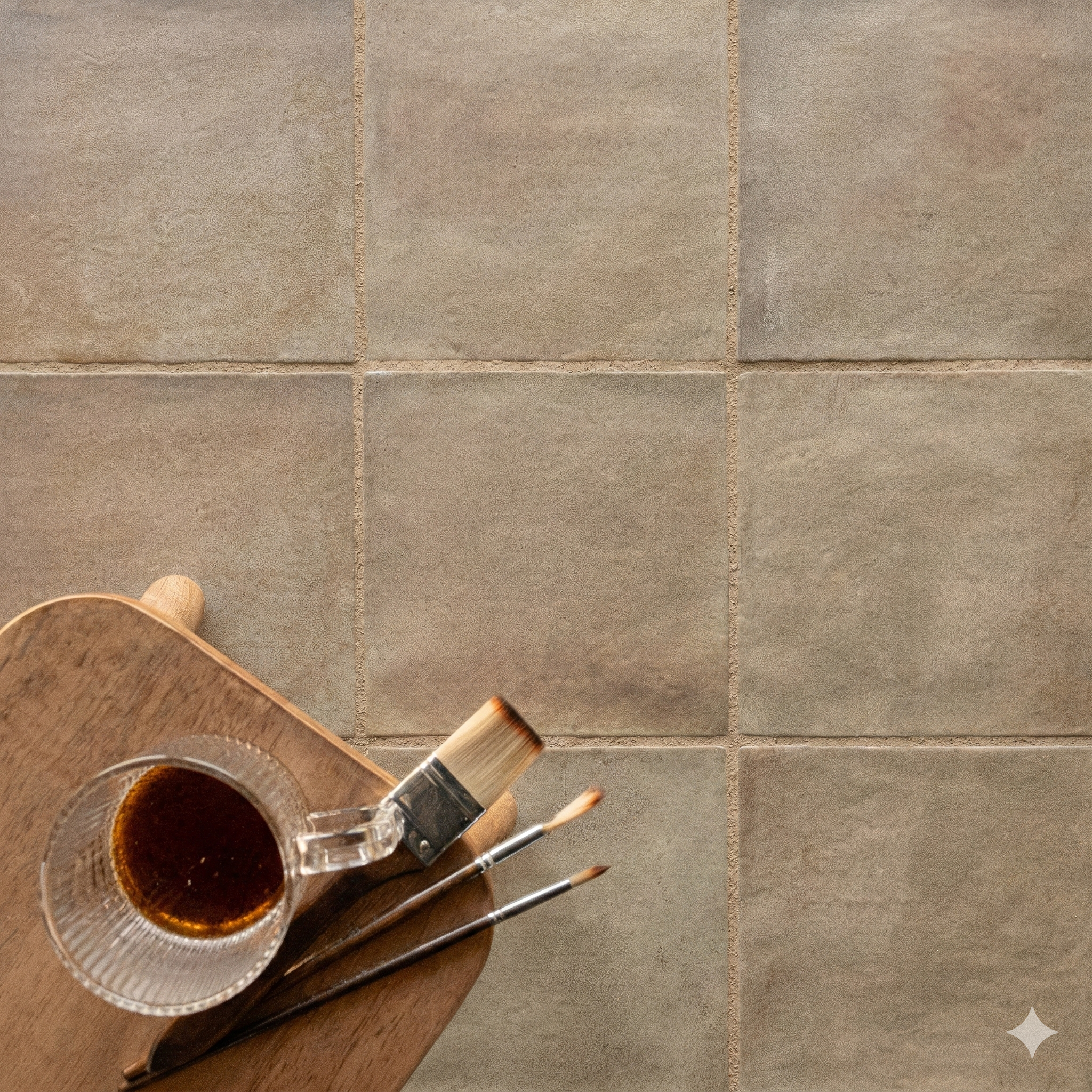 Square sand-colored ceramic tiles with a soft matte finish and subtle texture beside paintbrushes and a glass cup on wood