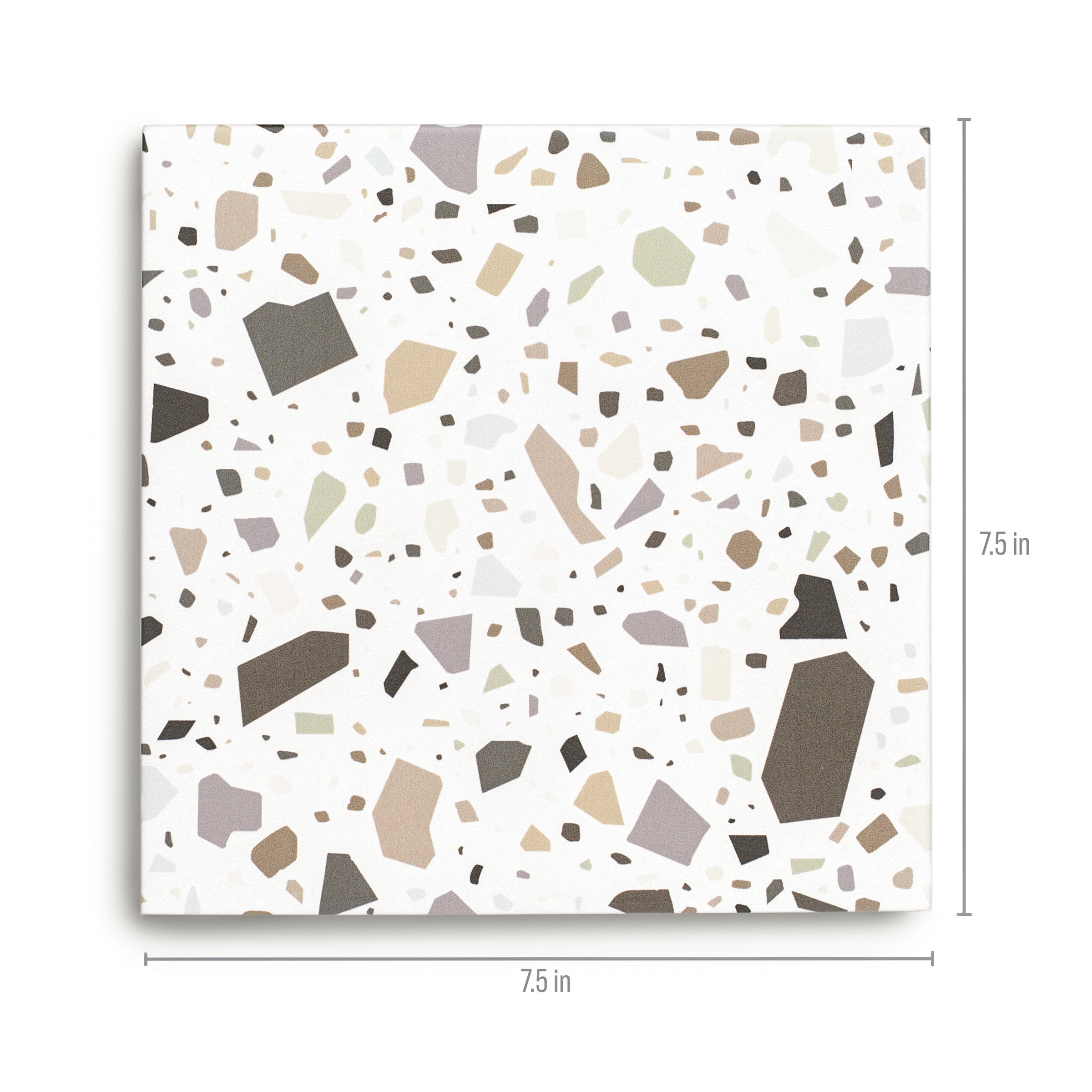 Square terrazzo tile with scattered irregular fragments in neutral tones on white background