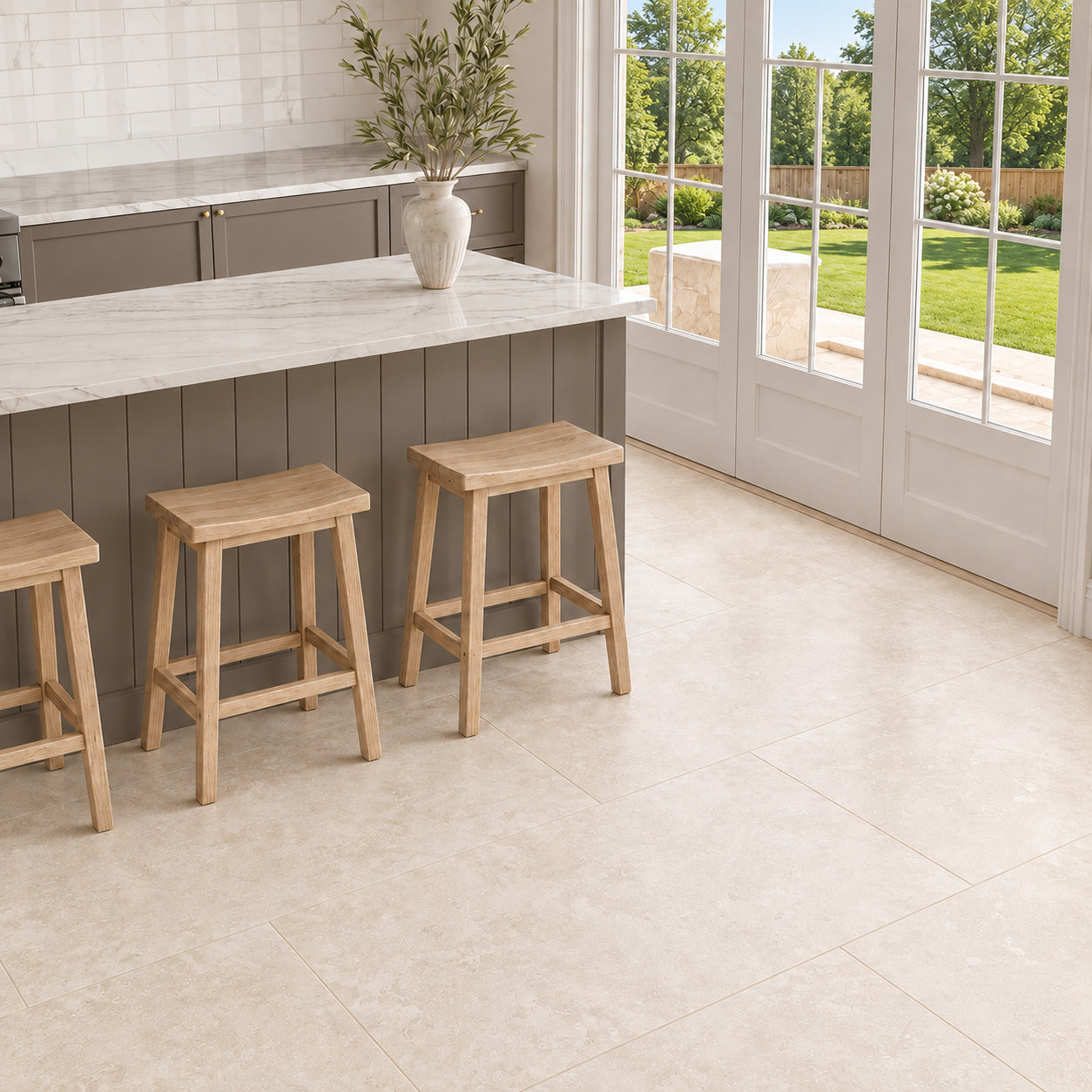 Bright kitchen with large format stone-look floor tiles, island and wooden stools by glass doors