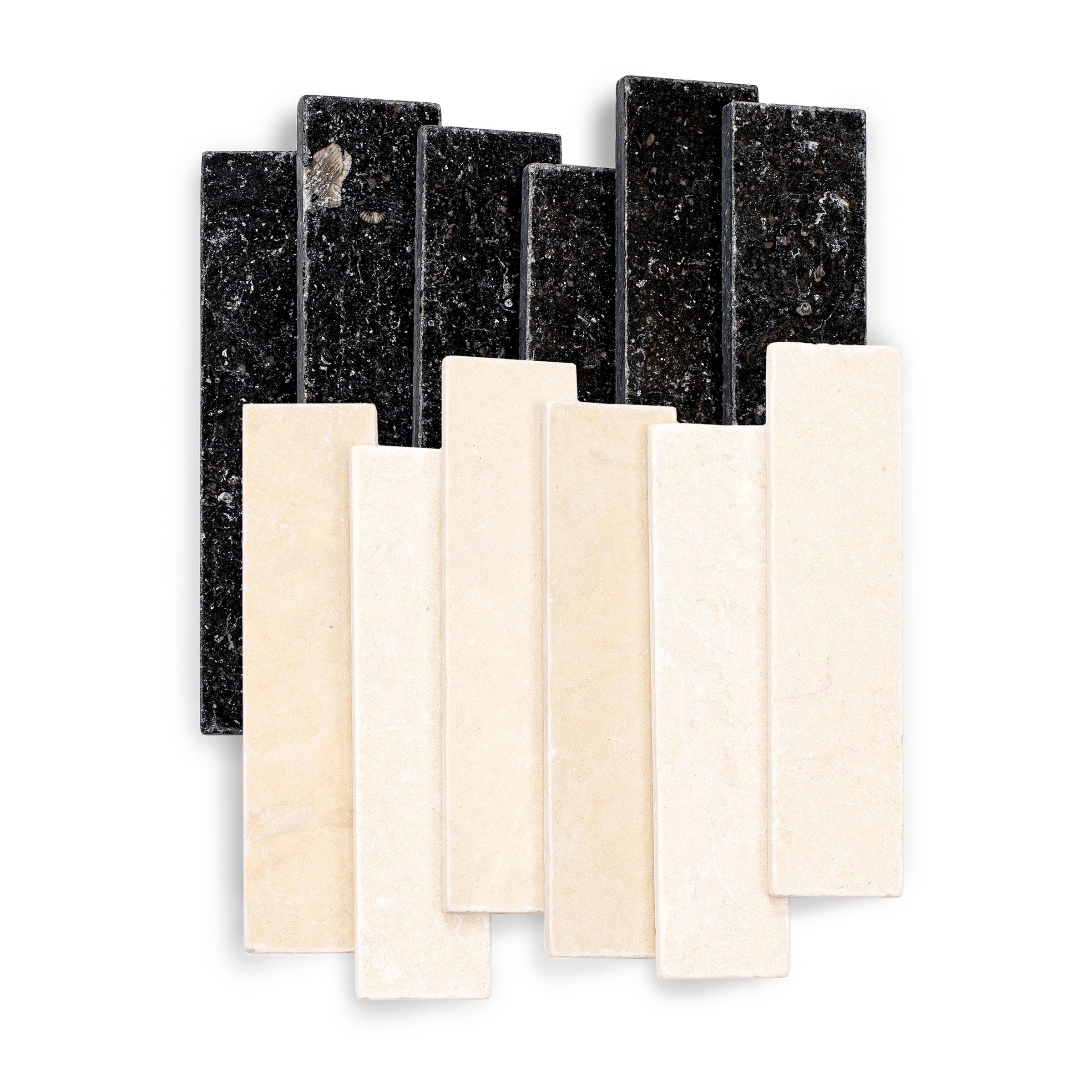 Belgian Blue Desert Tea Tumbled Stone Checker Stripe marble tiles in black and beige from Tumbled Natural Stone Tiles collection