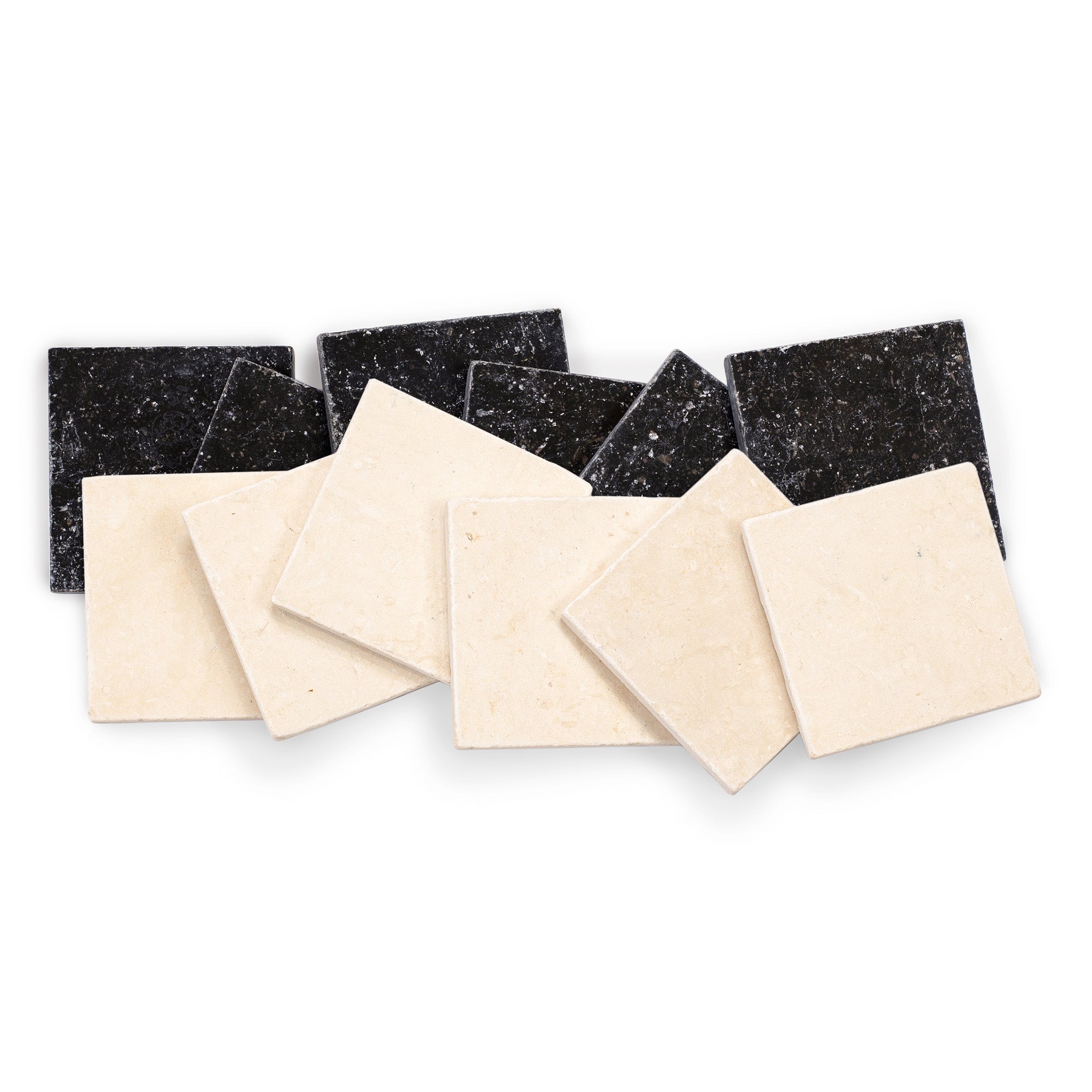 Belgian Blue Desert Tea Tumbled Stone Checkerboard beige and black marble tiles from Tumbled Natural Stone Tiles collection