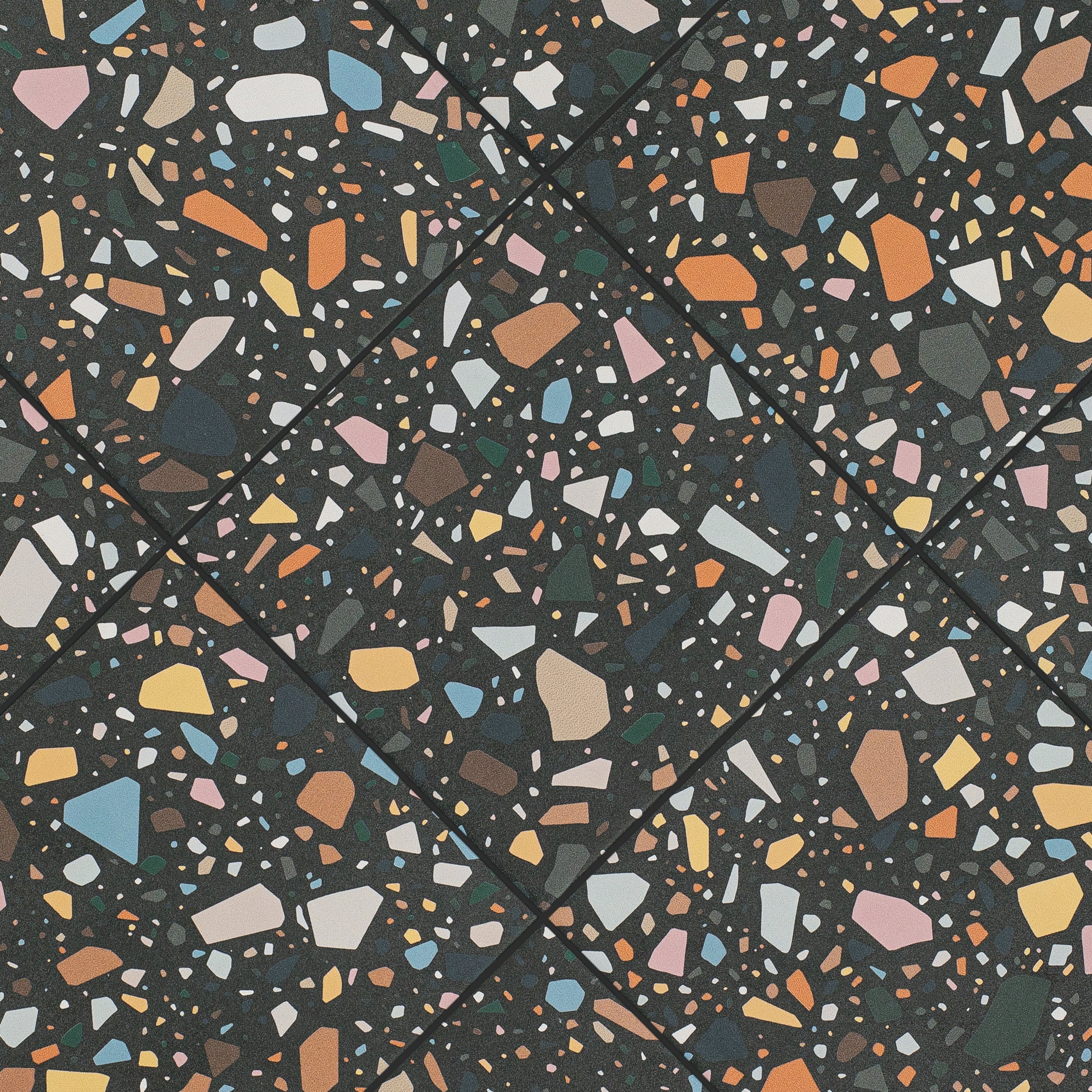 Black Multi-Color Matte Porcelain Tile with vibrant terrazzo pattern in Small Format Tiles, Confetti Porcelain Tile, New Arrivals collections