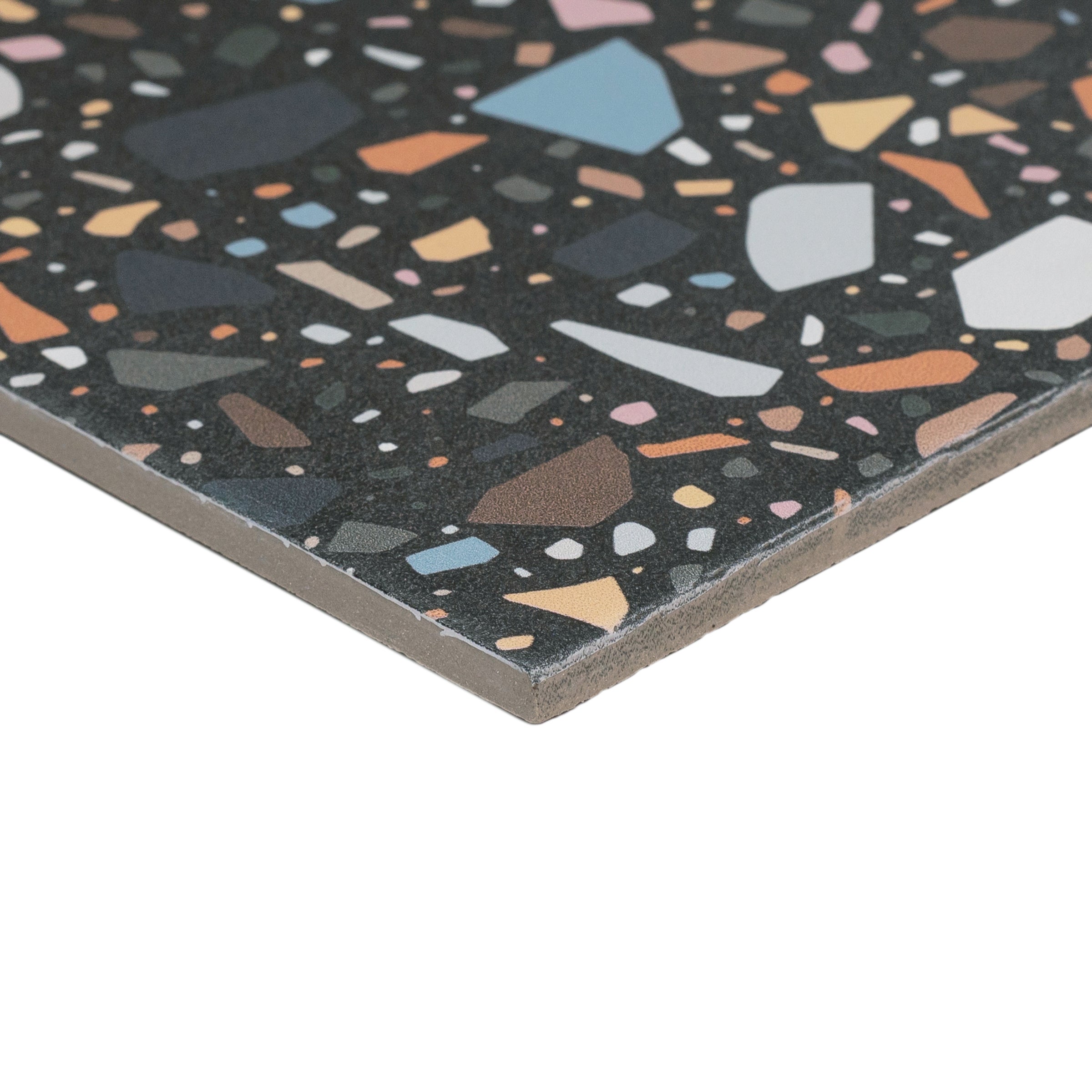 Black Multi-Color Matte Porcelain Tile with colorful terrazzo pattern in Small Format Tiles, Confetti Porcelain Tile, New Arrivals collections