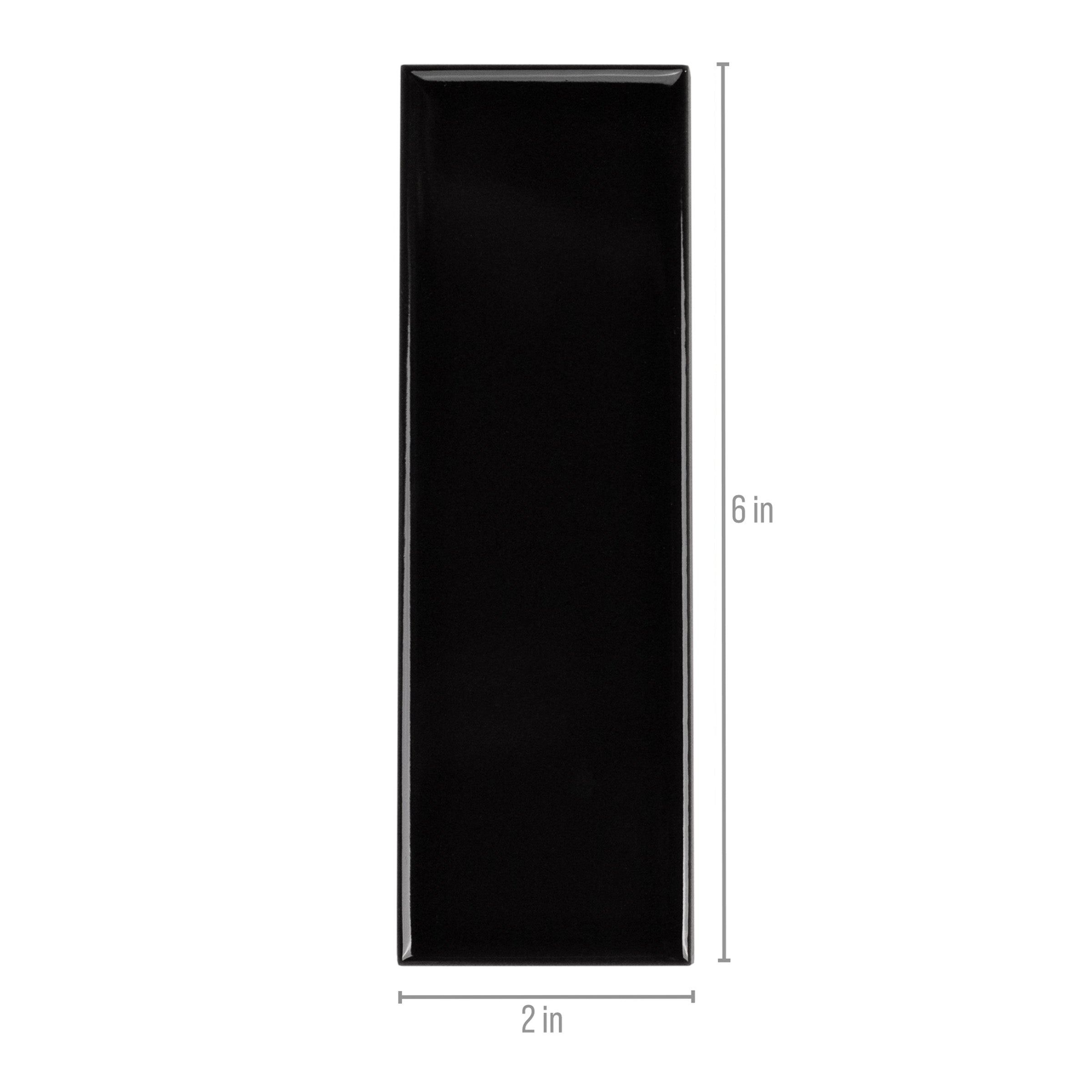 Glossy black porcelain tile with smooth finish and slightly beveled edges shown with size markings on white background