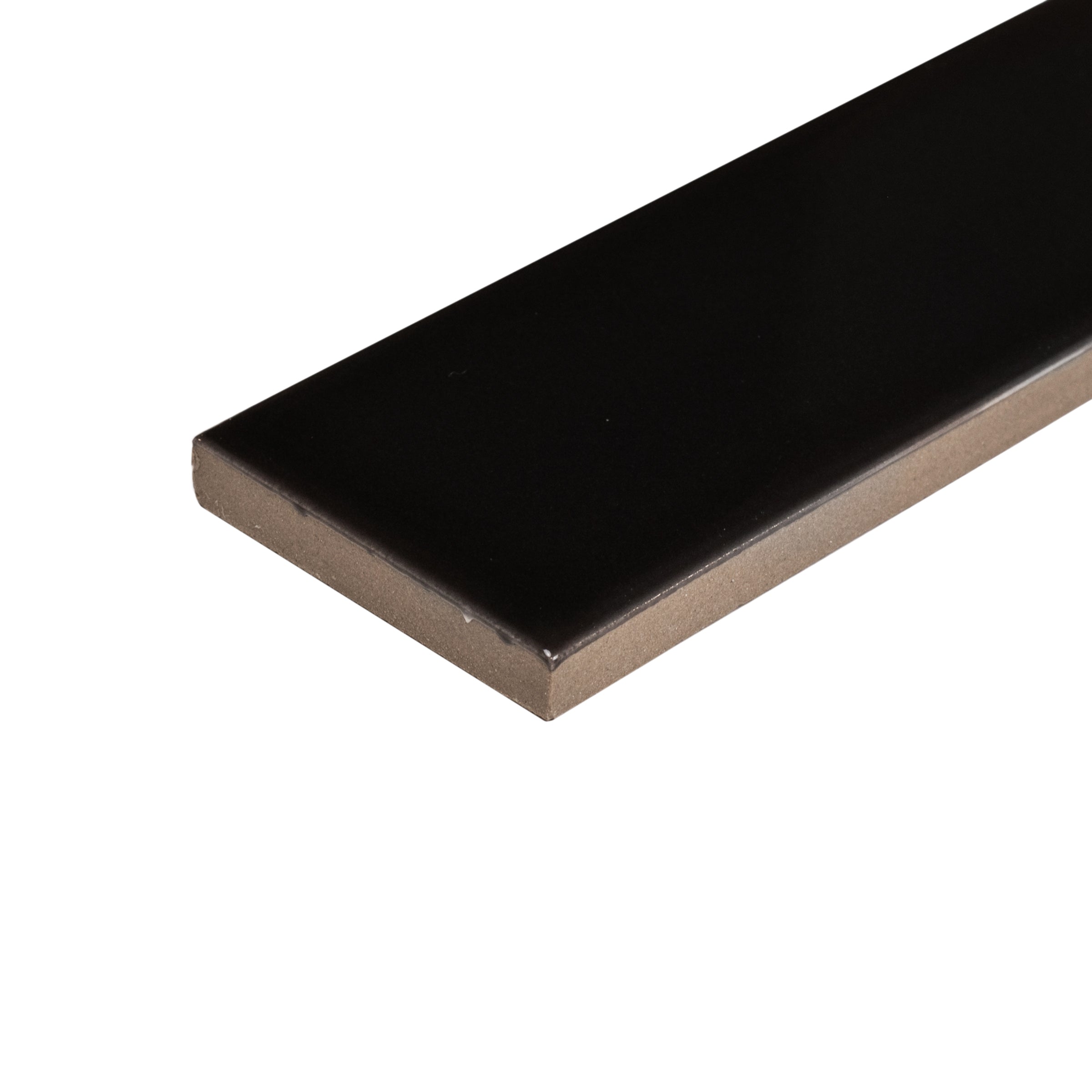 Glossy black porcelain tile with smooth surface and straight edges shown isolated on white background