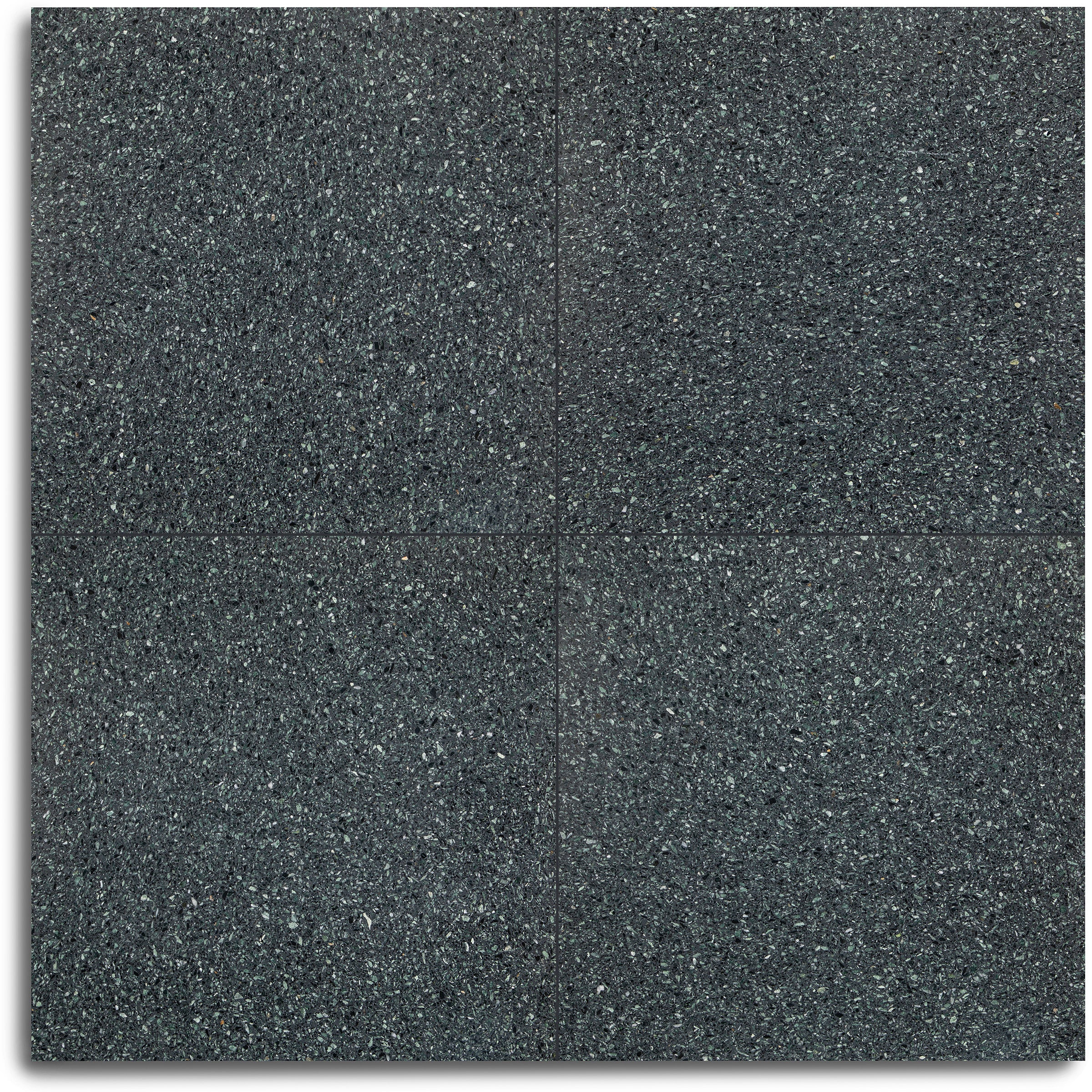 Dark gray speckled tile surface with subtle four-panel seam lines
