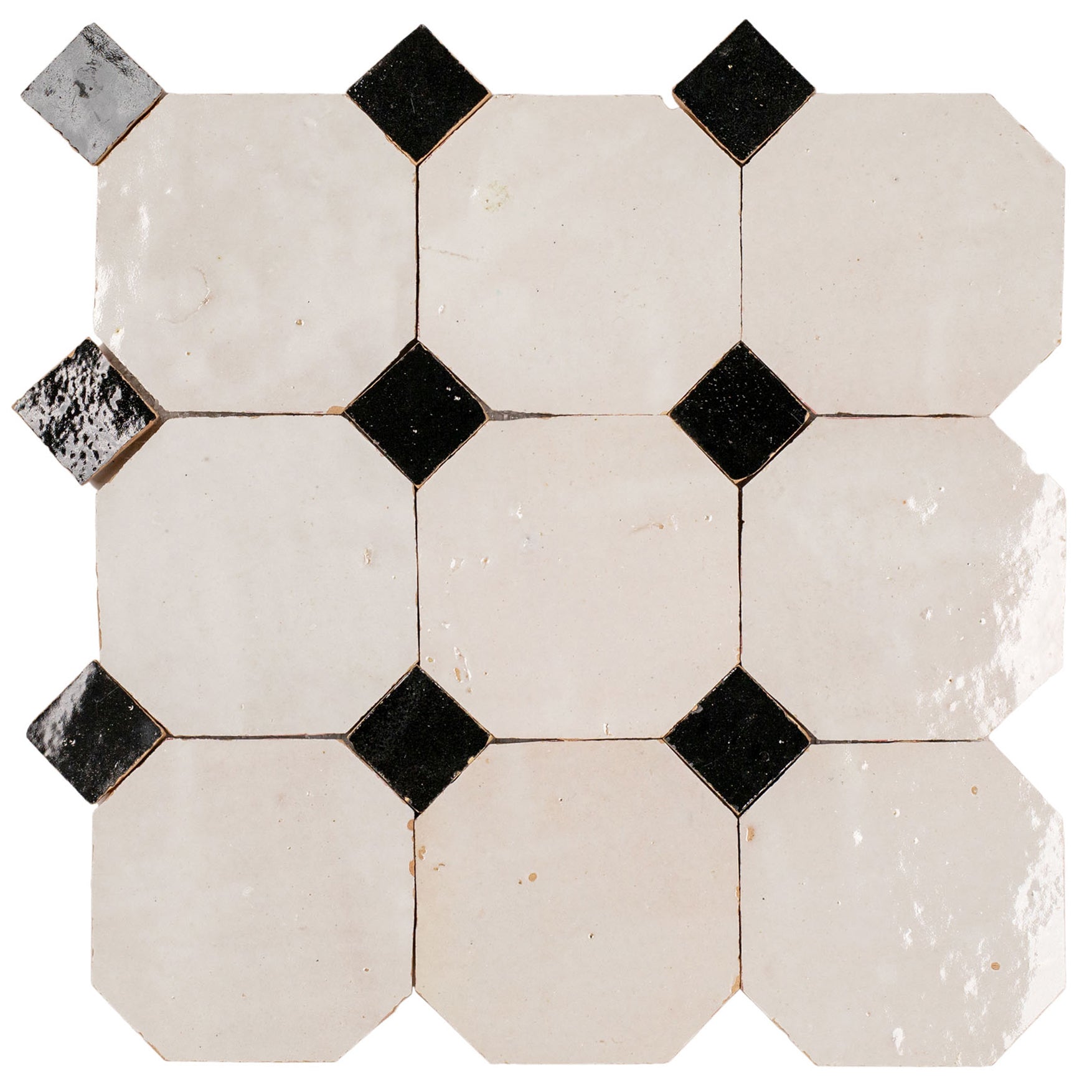 White & Black Octagon Zellige Sample ceramic tile from SAMPLES ONLY collection, globally sourced for your imagination