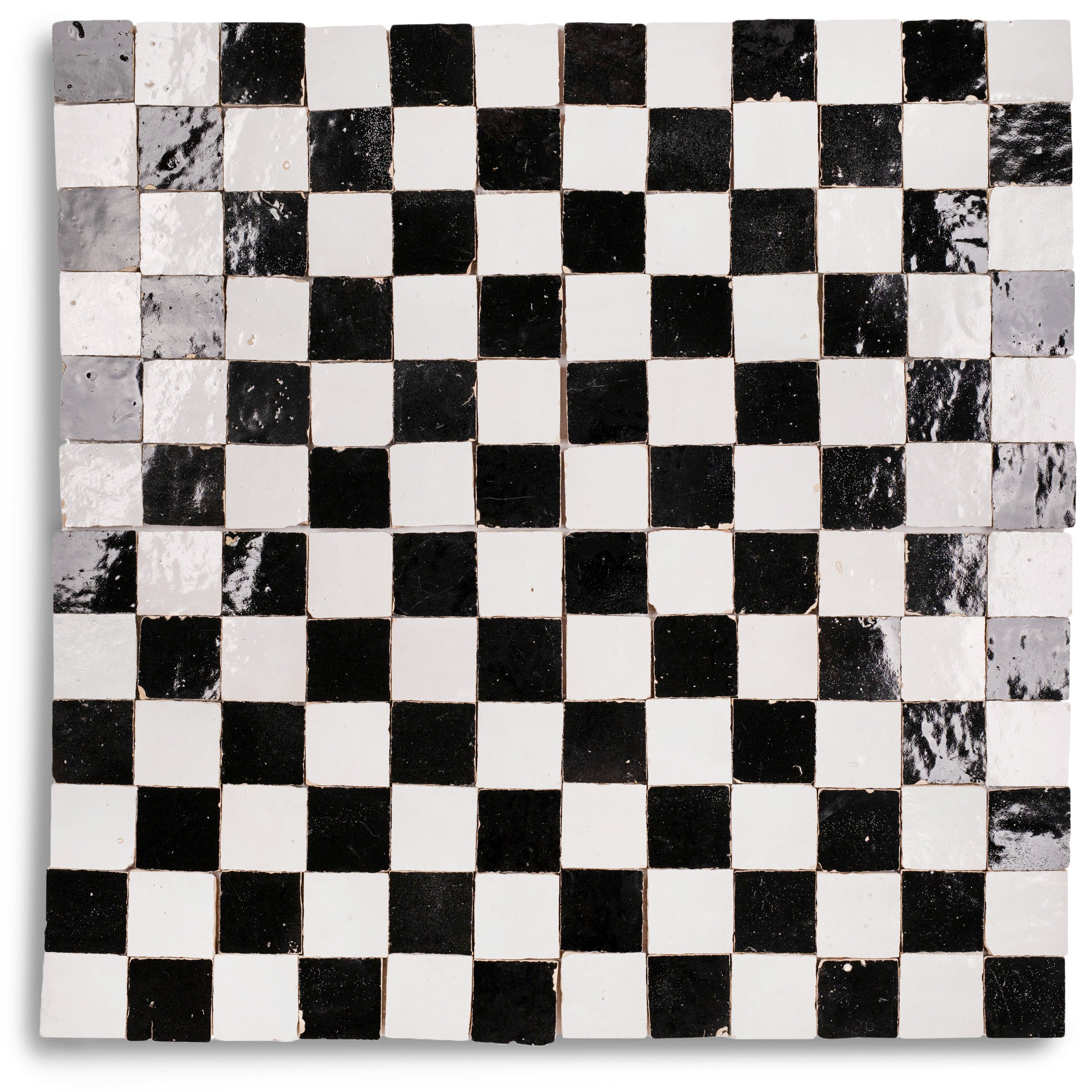White & Black 2x2 Zellige Checkerboard Mosaic in terracotta with handmade glossy black and white tiles from Handmade Moroccan Zellige Tiles