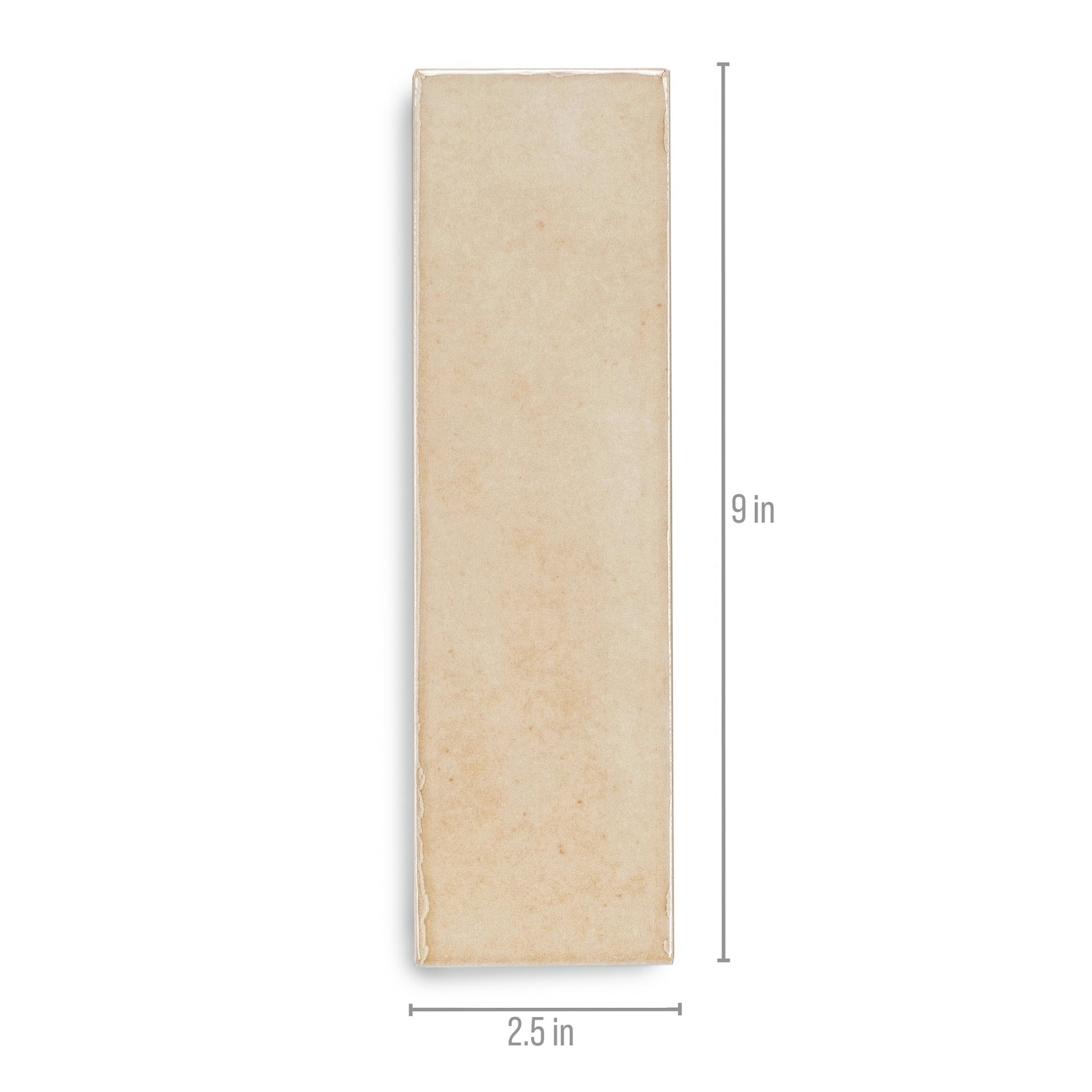 Slim rectangular ceramic tile in soft bone color with subtle texture and size measurements on a white background