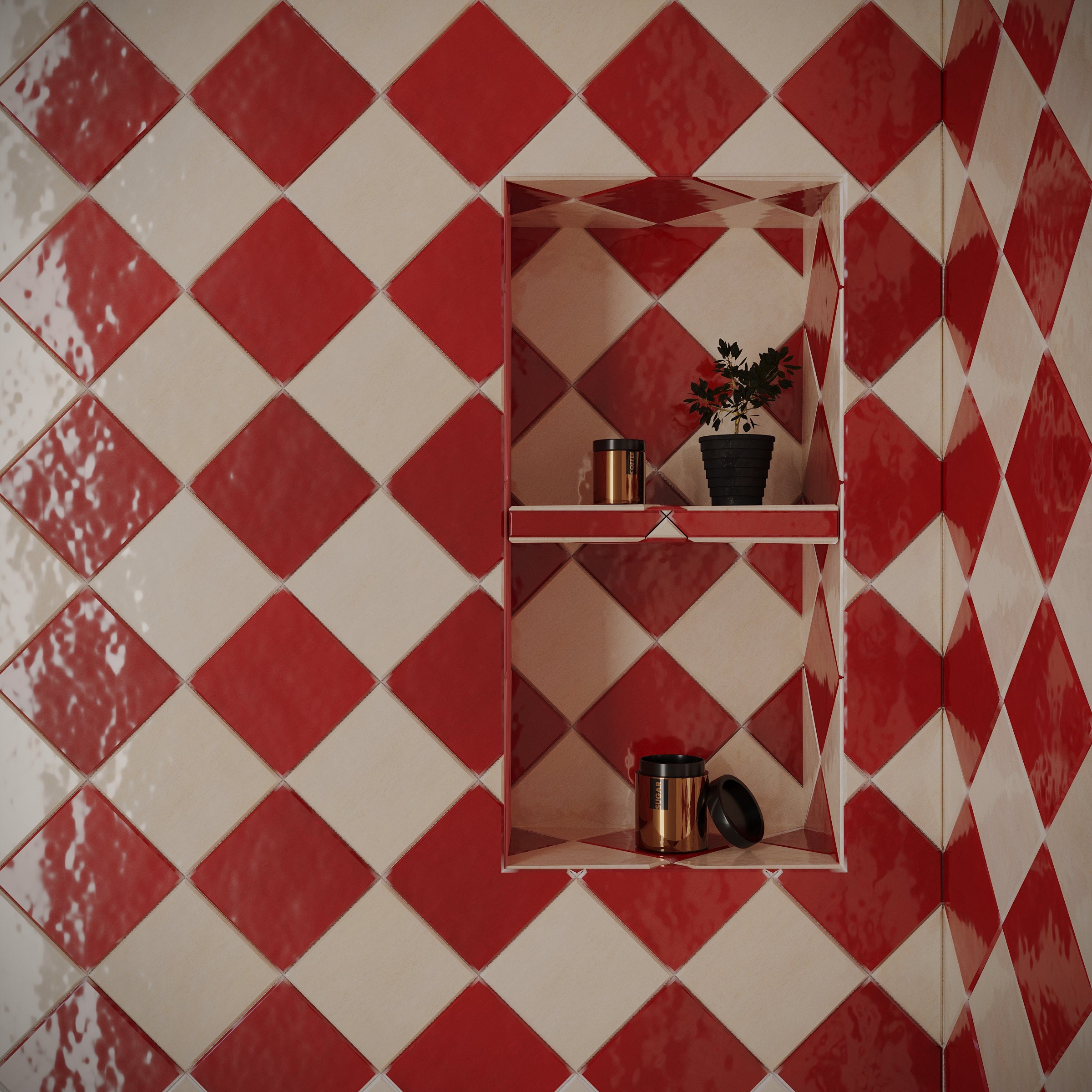 Ruby Glossy Ceramic Tile in red and cream diamond pattern with glossy finish from Small Format Tiles and Zel Glazed Ceramic Tiles collections
