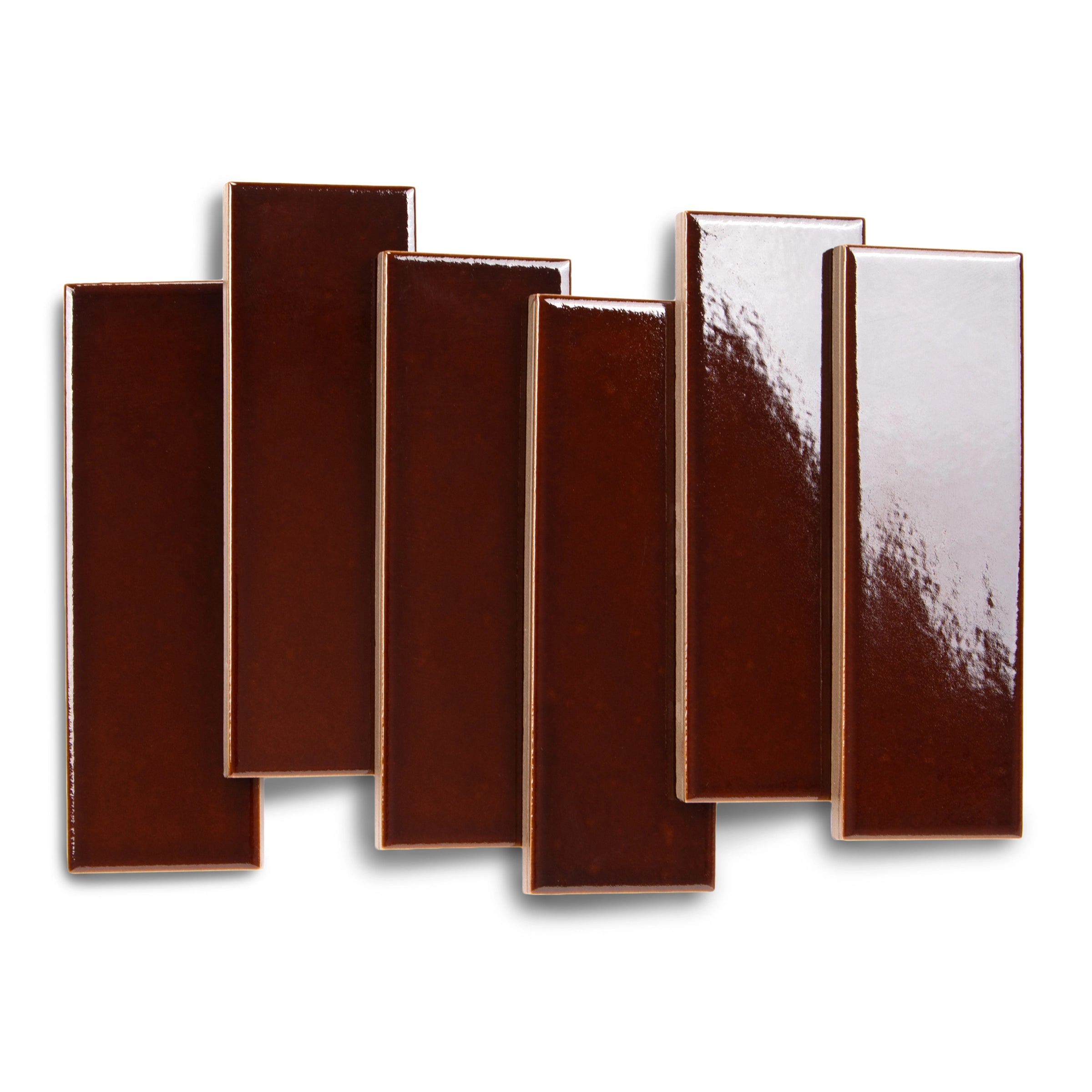 Glossy rectangular ceramic tiles in deep reddish brown with smooth, reflective surfaces arranged in staggered formation.