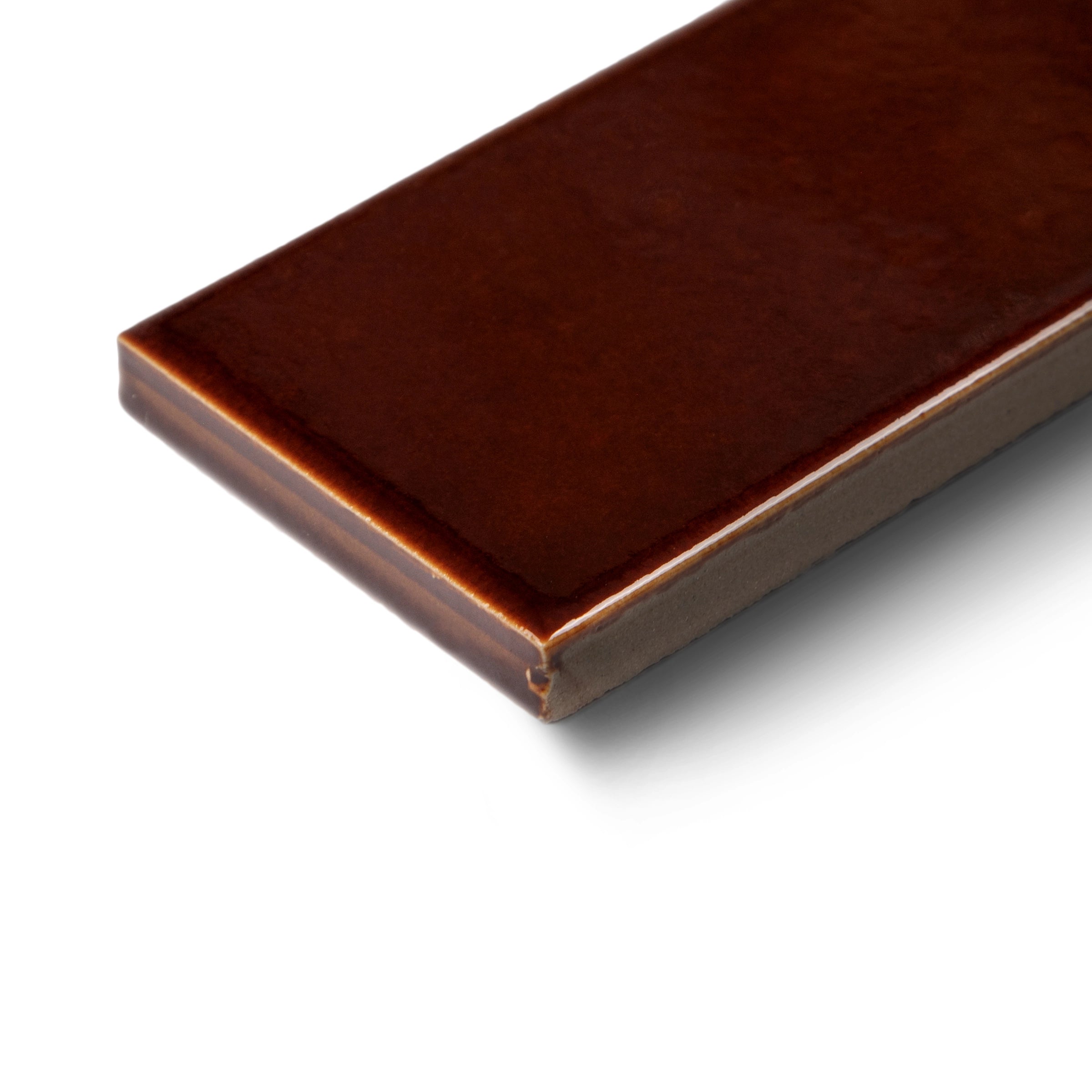 Rectangular ceramic tile in deep mahogany brown with a high-gloss finish and smooth edges on white background