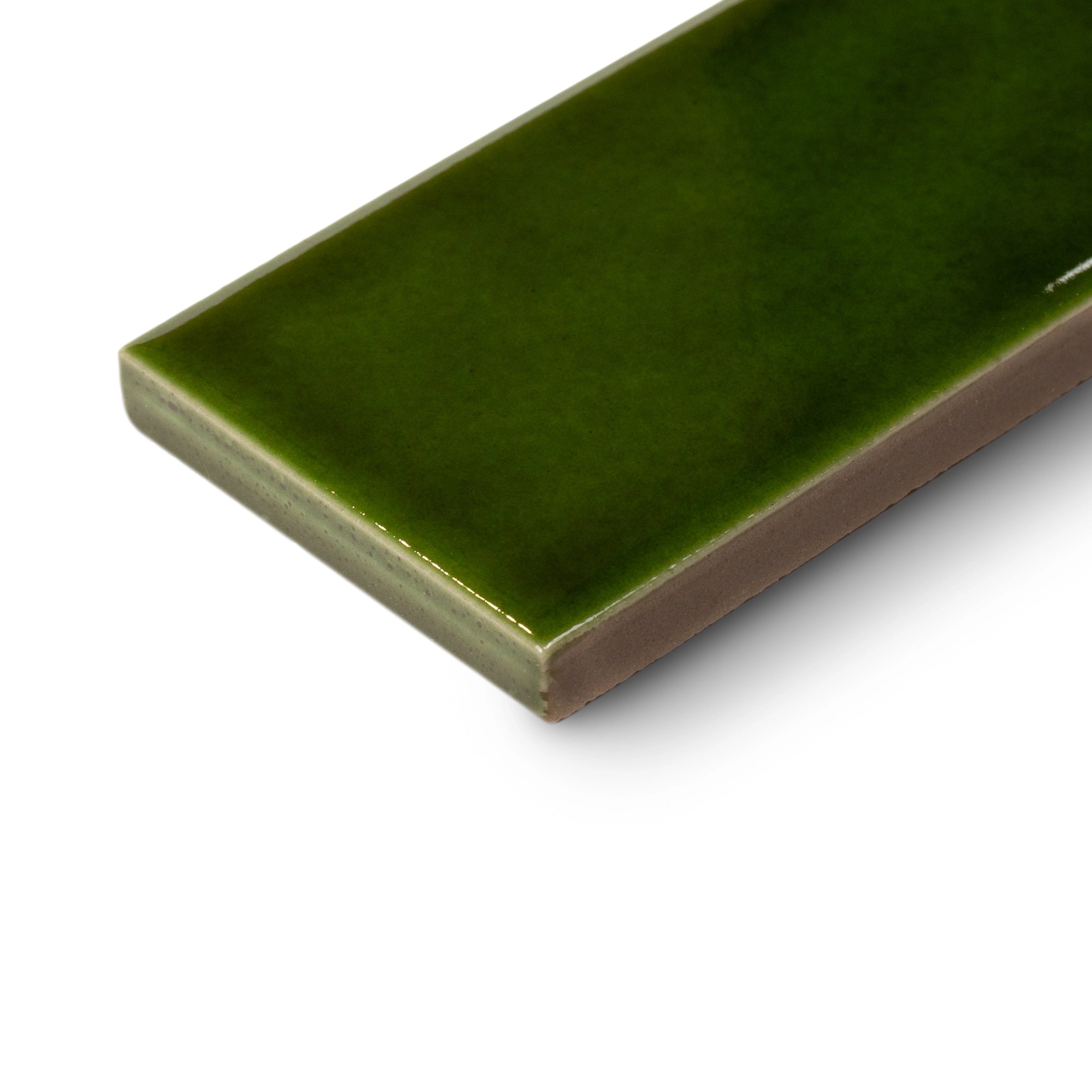 Glossy rectangular ceramic tile in rich olive green with smooth edges and a subtle glazed finish on white background