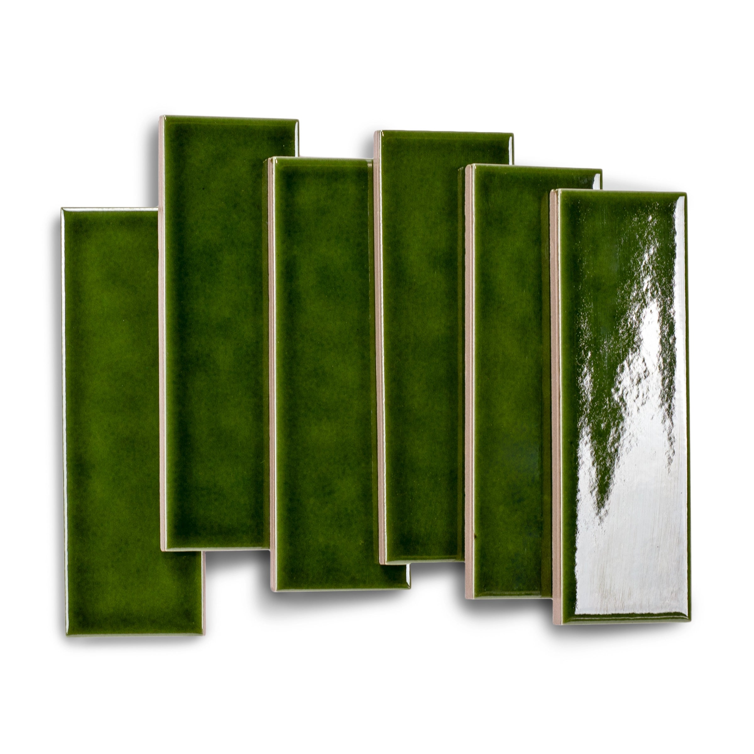 Set of six glossy rectangular ceramic tiles in deep moss green with slight color variation and smooth edges on white background