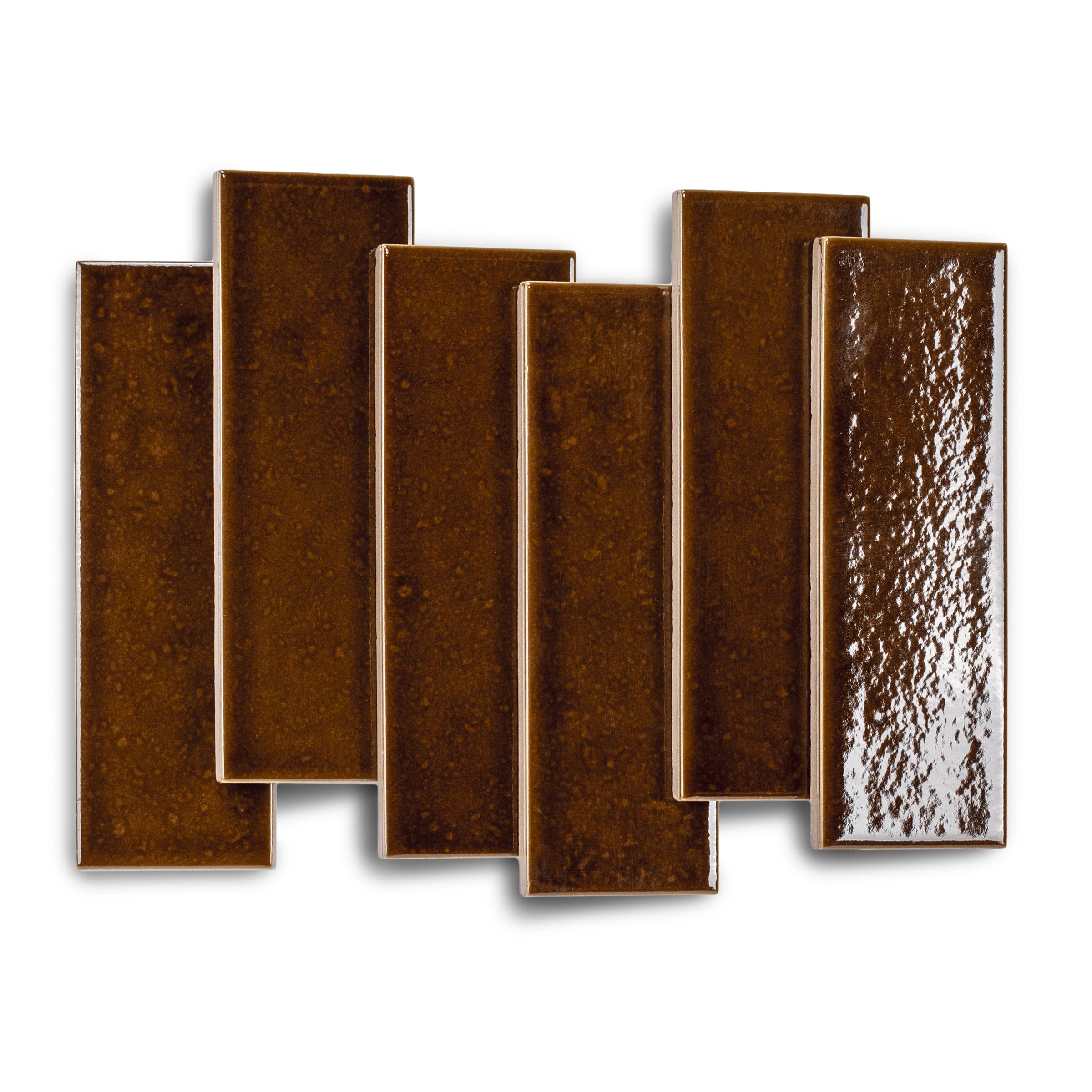 Glossy rectangular porcelain tiles in rich tobacco brown with subtle texture, arranged overlapping on white background