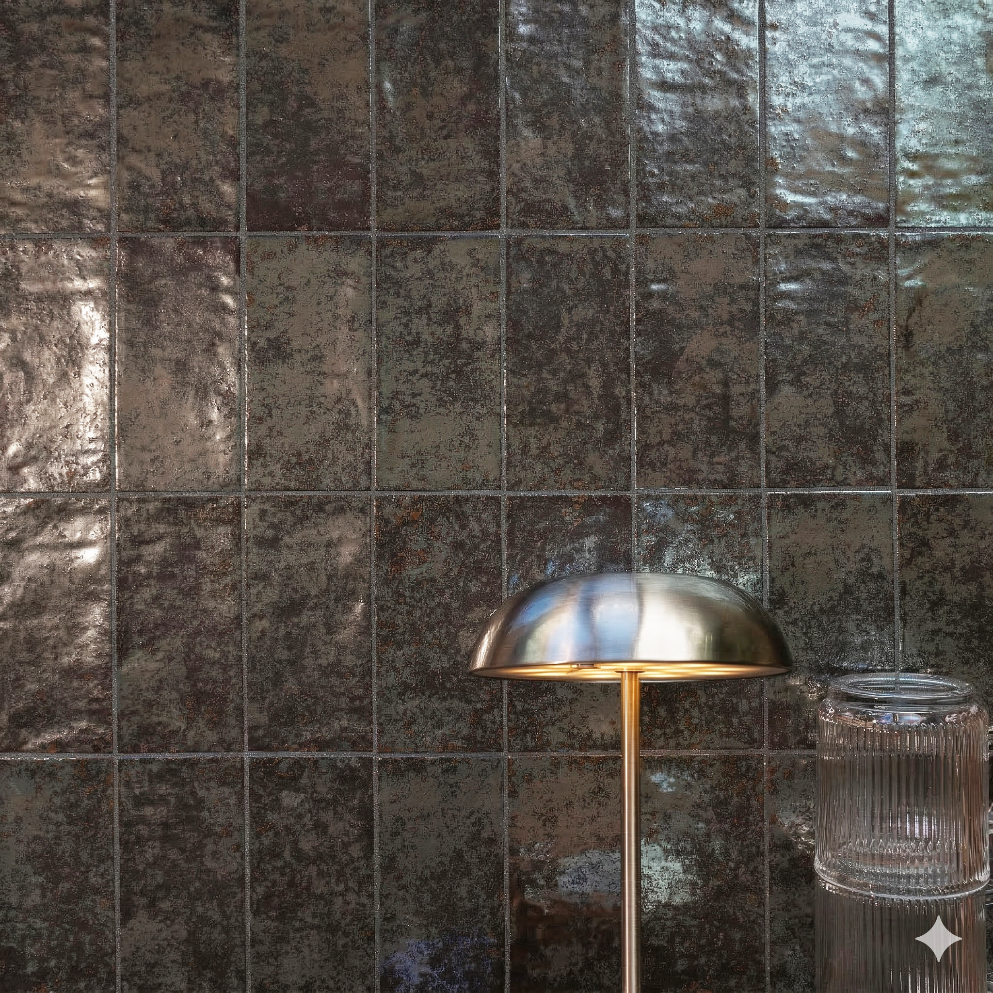 Dark metallic textured ceramic tiles arranged with a brass dome table lamp and a ribbed glass container nearby