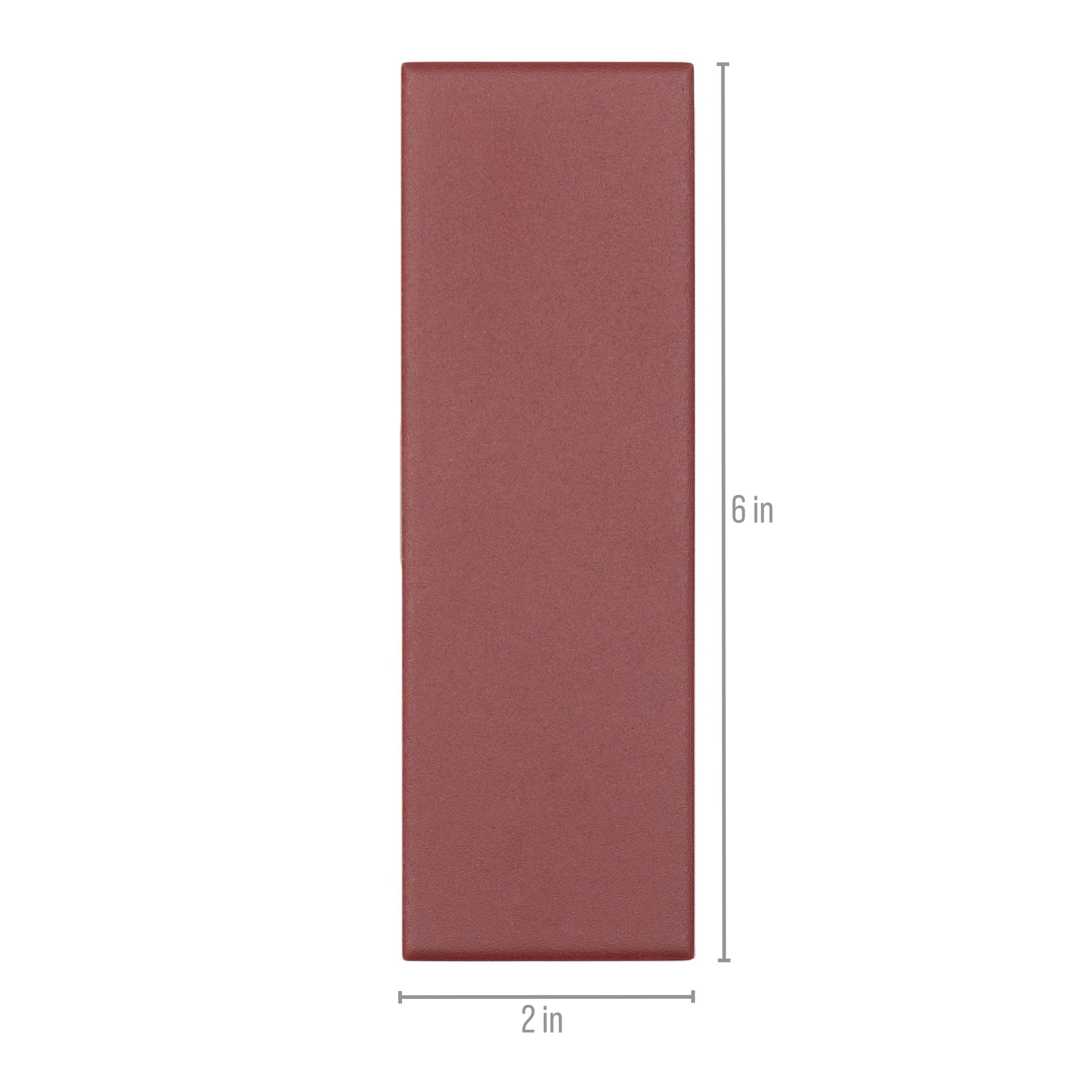 Matte rectangular ceramic tile in a rich burgundy tone with smooth surface and clean edges shown with size guide