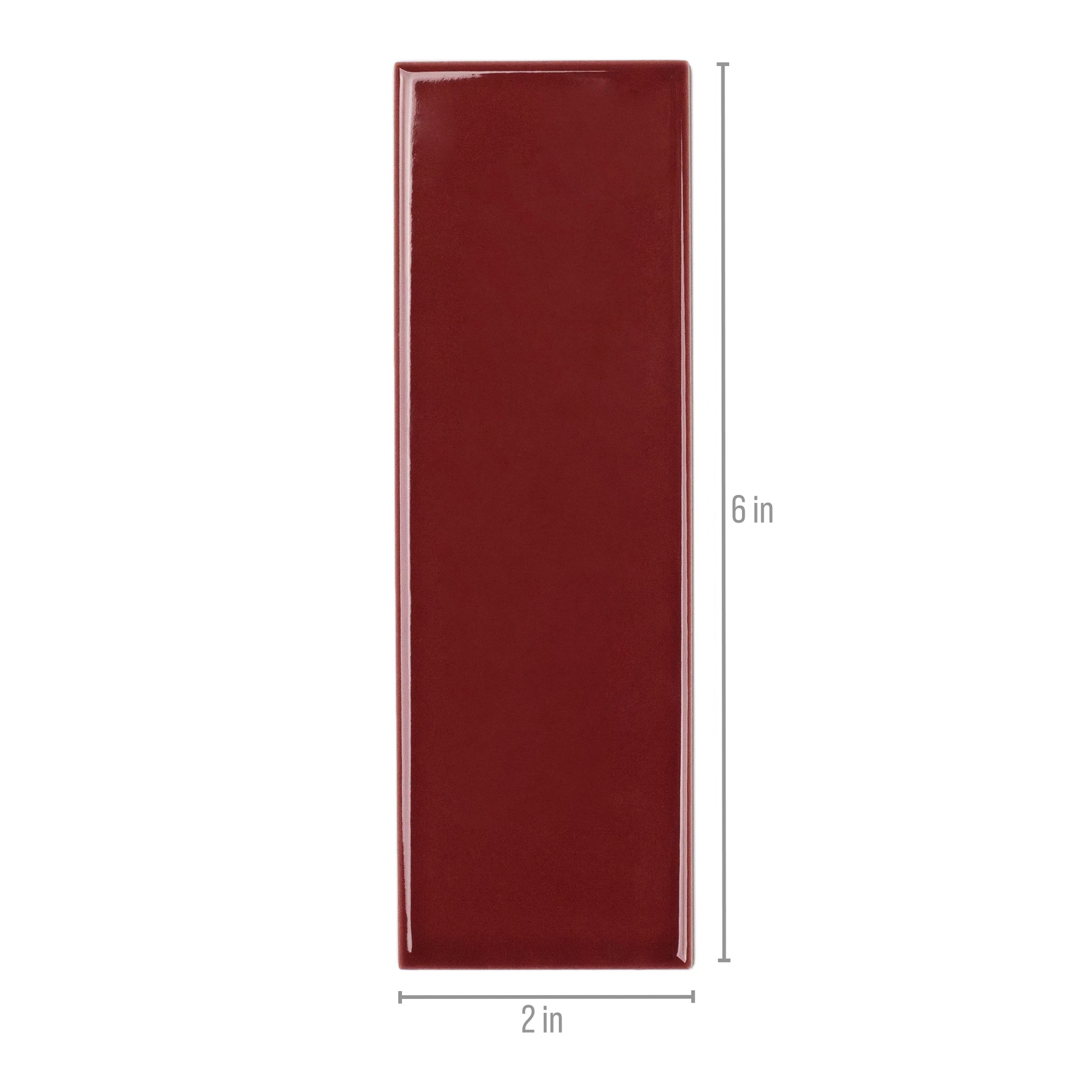 Glossy deep burgundy ceramic tile with smooth surface and clean edges shown with size measurements